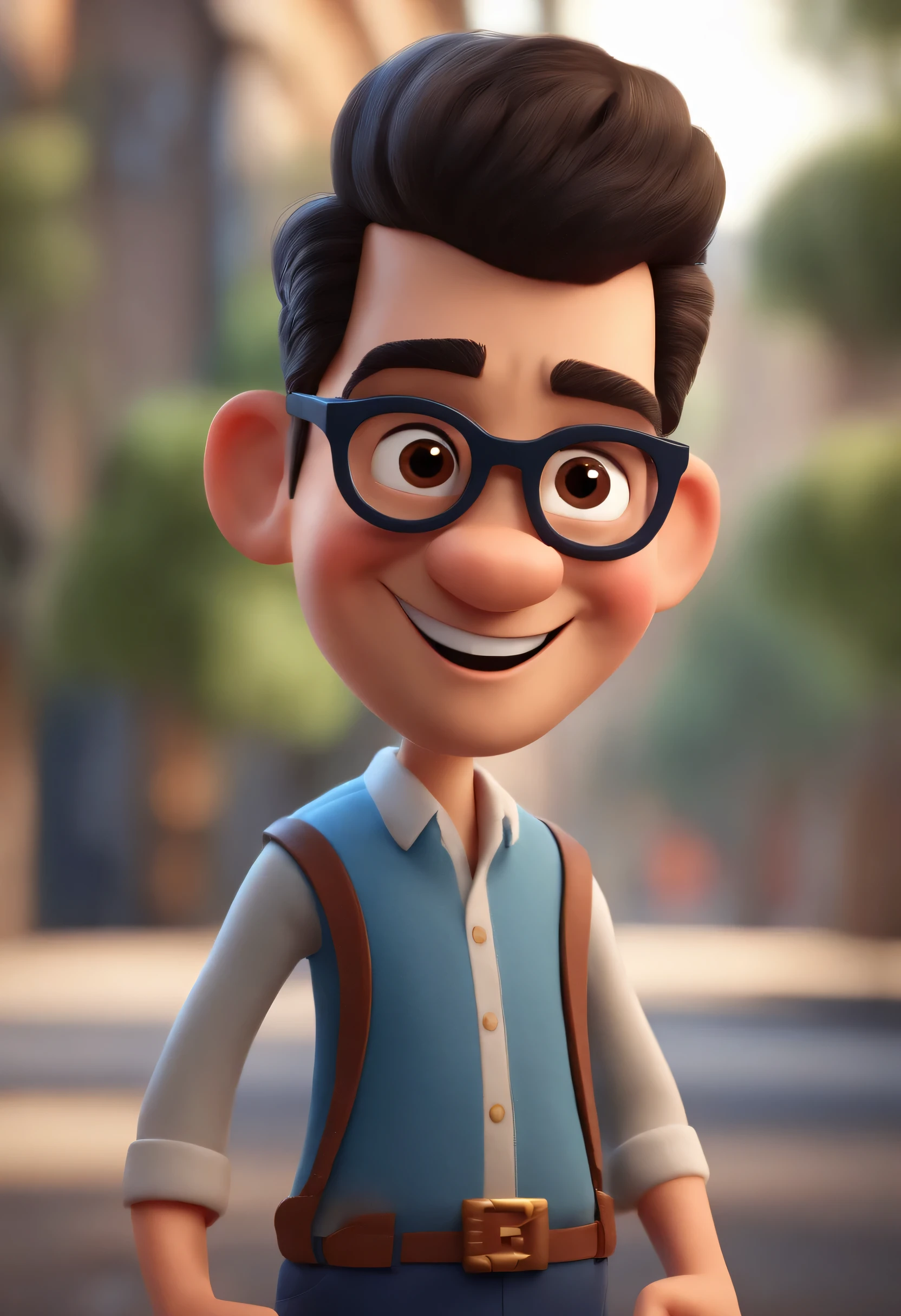 Cartoon character of a man with black glasses and a blue shirt, animation character, Caractere estilizado, animation style rendering, 3D estilizado, Arnold Maya rendering, Stylized 3D rendering, toon render screenshot, Personagem 3D, Personagem 3D, Stylized 3D rendering, 3D character rendering, personagem de desenho animado, Personagem de close up, Pose de personagem,  (Estilo Pixar) (parte mestre:1.2) (Bokeh) (melhor qualidade) (pele detalhada) (textura detalhada) (8k) (argila) (cinematic lighting) (sharp focus