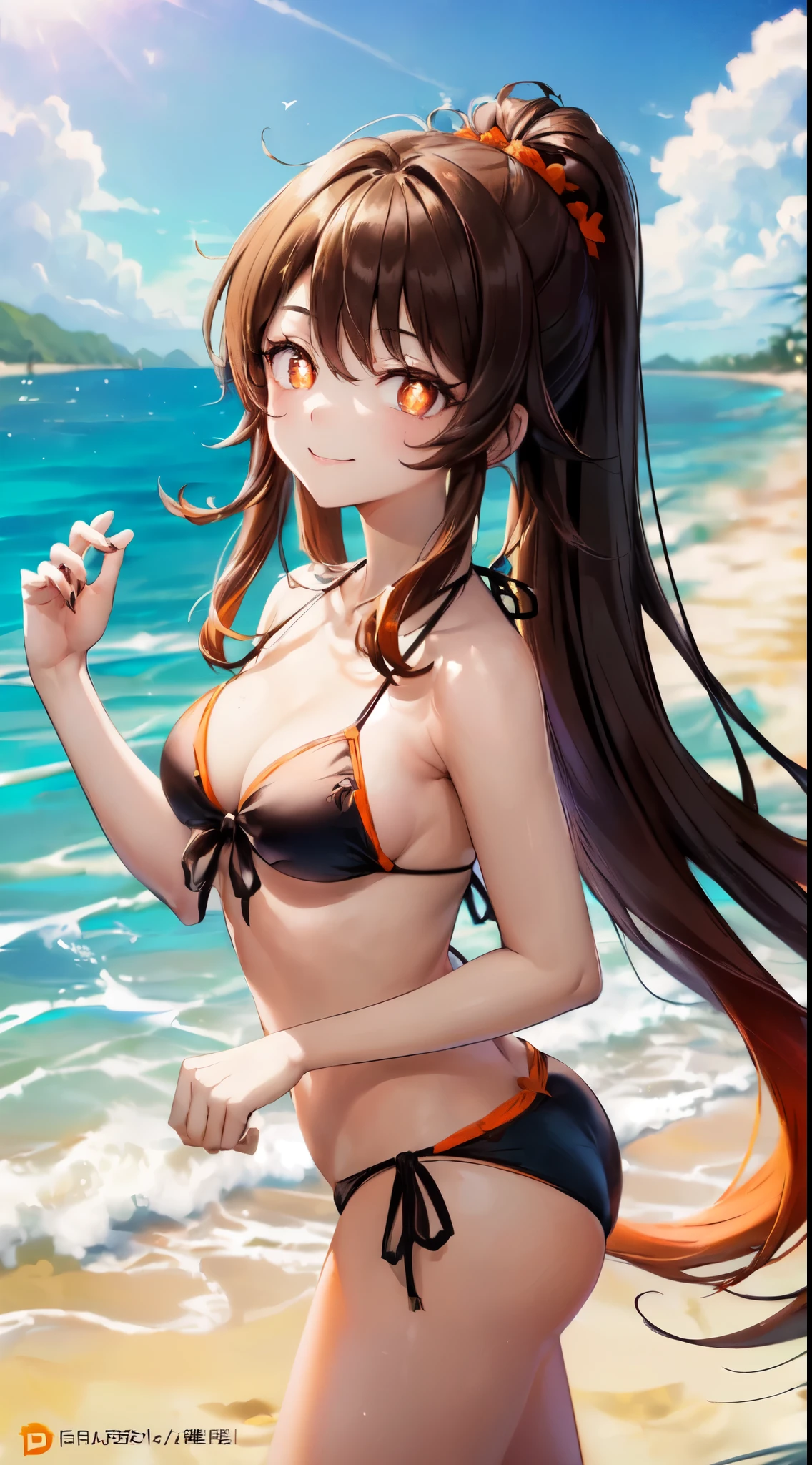 (masterpiece, top quality, best quality, official art, beautiful and aesthetic, picture-perfect:1.4), (looking at viewer, cowboy shot:1), 1girl, solo, Hu Tao, hutaodef, (brown hair, bangs, long hair:1.2), (orange eyes, shining orange eyes, symbol-shaped pupils:1.3), (smile, closed mouth:1.2), (black bikini, beach:1.4),