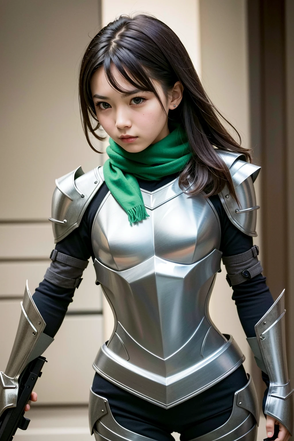(Highest resolution, clear_image) Highest quality, a female's masterpiece, Very detailed, Semi-realistic,(Most of the body), (Highest quality, masterpiece, Ultra-realistic),Magenta hair, Straight Cut, Torn black bangs, , Shadows appear in the eyes, short hair, ,Part your bangs in the center、I can see your forehead, ,,intimidating pose、The whole body from head to foot、、Sharp eyes、、、Breastplate armor、Emerald blue armor and white clothing、Tight Skirt、Swordsman、Partially armored、Hold a double-edged sword in your hand