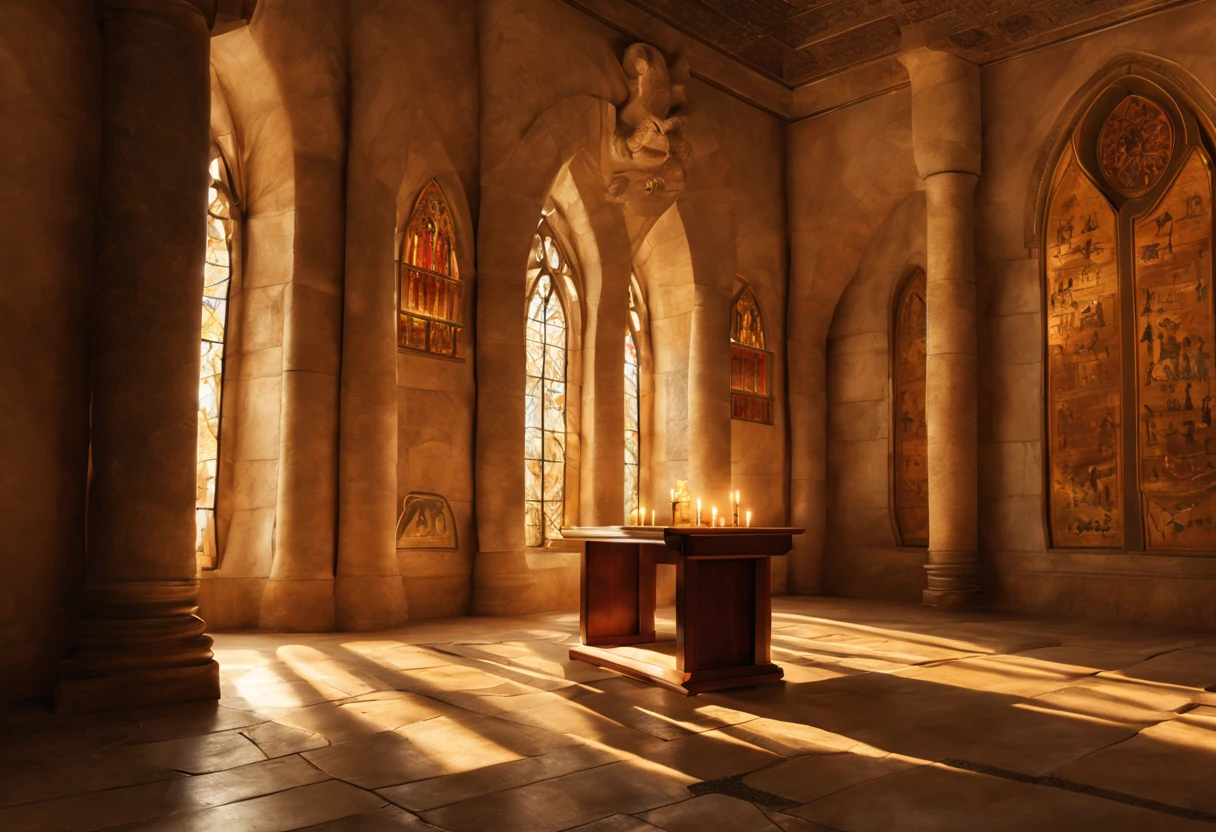 (masterpiece, high resolution, detailed:1.3), serene and peaceful atmosphere, gentle rays of sunlight streaming through stained glass windows, illuminating the space with soft hues, ancient stone walls adorned with subtle Christian symbols, a delicate cross subtly engraved into the wall, a small open Bible resting on a wooden lectern, pages gently turned by an unseen hand, intricate details of the Bible's pages, delicate calligraphy and gold leaf accents, a flickering candle casting a warm glow, casting dancing shadows on the polished marble floor, a sense of reverence and tranquility in the air, the silence broken only by the distant sound of hymns being sung, a moment frozen in time, capturing the essence of faith and spirituality in a single frame.