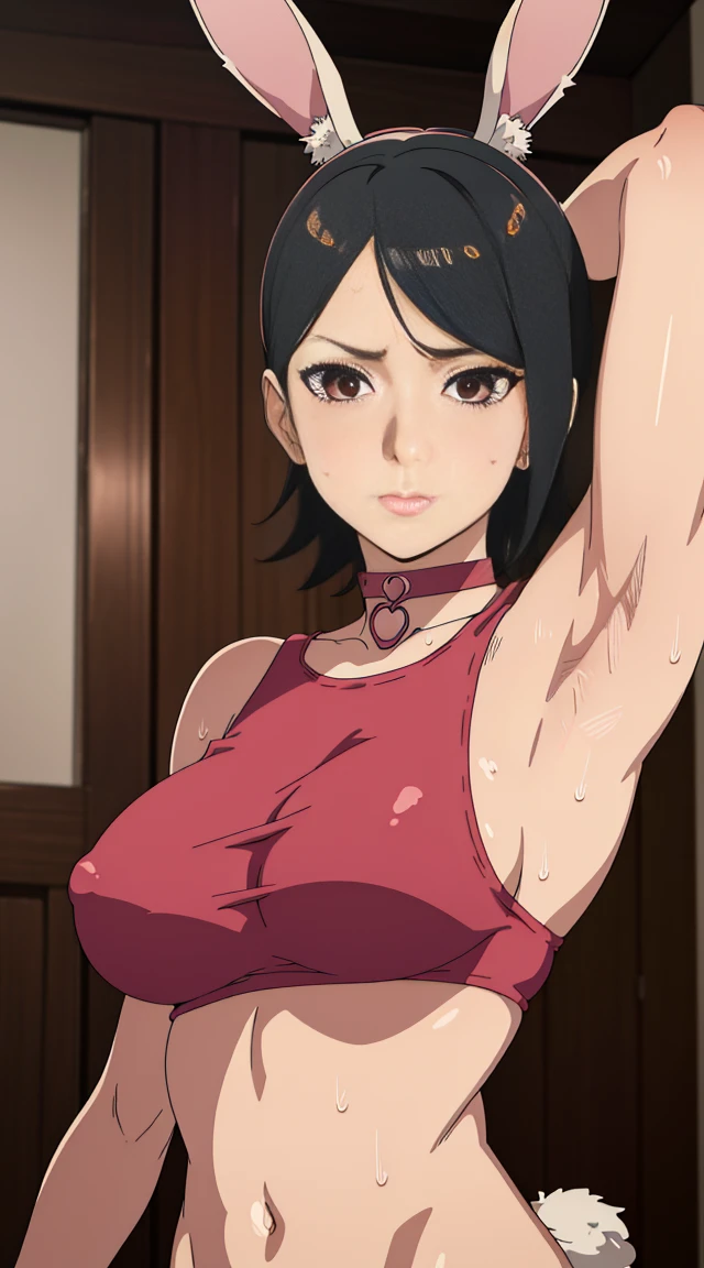 Highres, Masterpiece, Best quality at best,Best Quality,hight quality, hight detailed, sarada, masterpiece, (slim body), (short body), bunny girl, bunny ear, ((large breast)), choker, can see, (showing armpit:1.3), sexy, sweat.