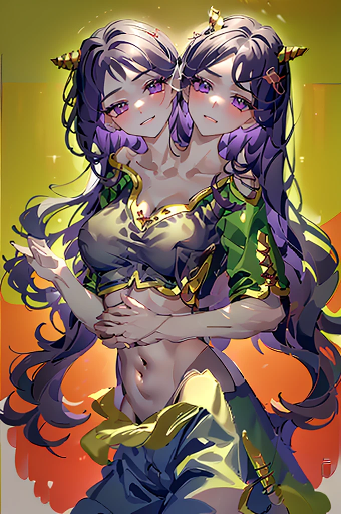 (masterpiece, best quality), best resolution, (ultra-detailed), (3heads:1.5), 1girl, (Nippaku Zanmu:1.3), masterpiece, best quality, green top, crop top, ((stomach)), midriff, ((groin)), blue skirt, normal ears, shackles, purple-black hair, very long hair, wavy hair, sidelocks, crimson eyes, parted lips, single horn, sweat, cute, toned belly, hand on own chest, eyelashes, (23 year old woman:1.3), (masterpiece:1.5), (best quality:1.5), (beautiful detailed, extremely detailed CG, extremely delicate and beautiful, depth of field, (finely detailed face), (perfect details:1.2), (mature female:1.3), wide pelvis, slender, large veiny breast, 8k resolution, high quality, high definition, extremely detailed, masterpiece, best quality, purple-black hair, long hair, alluring presence, braid, short skirt, close up, big tits, young,