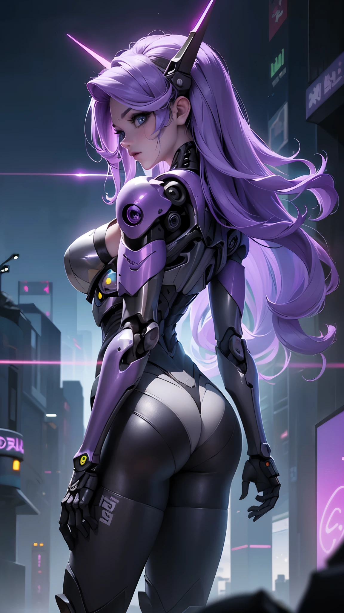(rear view, backside view),(La mejor calidad,A high resolution,Ultra - detallado,actual),Ariana Grande hermosa chica blanca cyborg esqueleto, (esqueleto ciberpunk:1.4), portrait of a cybernetic skeleton, cyborg - chica con cabello plateado, beautiful chica cyborg, (chica cyborg:1.4), Mujer humanoide, hermosa chica cyborg, (She has a beautiful bone structure:1.4),,More detailed 8K.motor irreal:1.4,UHD,La mejor calidad:1.4, fotorrealista:1.4, textura de la piel:1.4, obra maestra:1.8,obra-prima, mejor calidad,objeto Objeto], (detailed face features:1.3),(Las proporciones correctas),(convexo Dedos detallados),(Ojos hermosos azules), (pose vaquero) , (fondo ciudad Tokio cyberpunkAI:1.4), (has a violet metallic cybernetic skeleton body:1.4), (fondo ciudad Tokio noche nocturna:1.4), (fondo ciudad Tokio cyberpunkAI :1.4)
