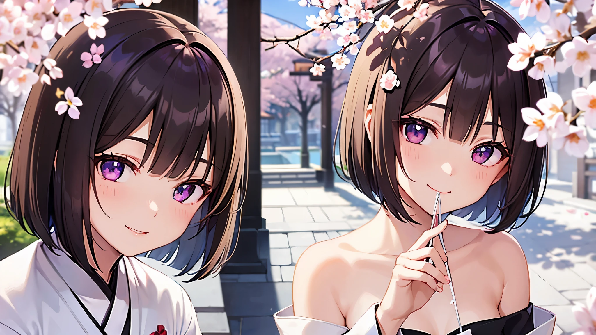 very cute girl、dark brown hair、bob cut、short hair、Violet eyes、smile、Crystal clear white skin、Beautiful white kimono、cherry blossoms、shrine、