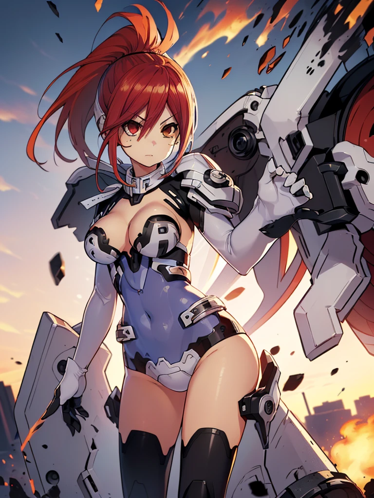 girl, short hair, Side ponytail, :d, red hair, blue eyes, huge breasts, breasts out, buruma, white kneehighs, uwabaki, tentacle,