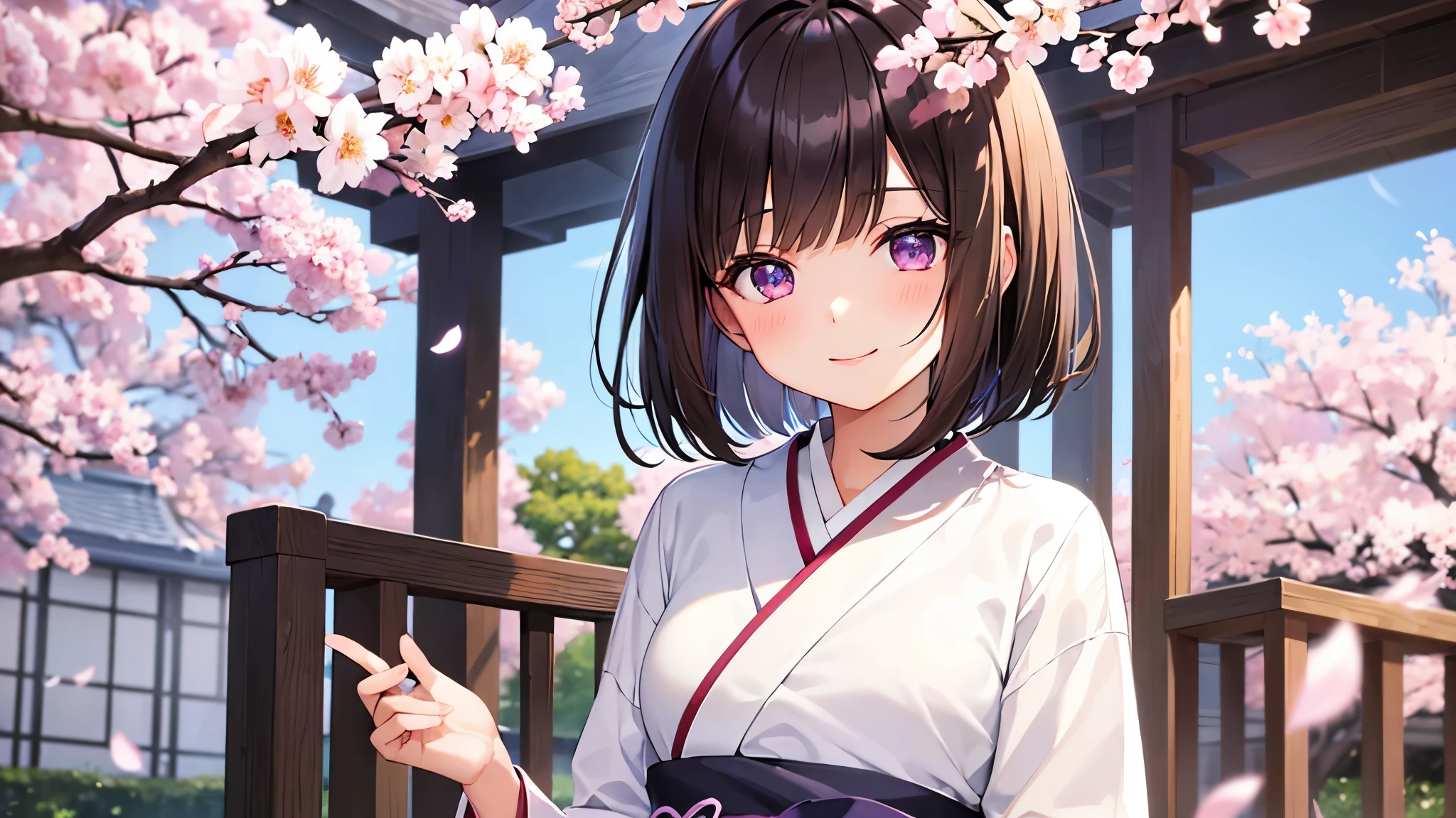 very cute girl、dark brown hair、bob cut、short hair、Violet eyes、smile、Crystal clear white skin、Beautiful white kimono、cherry blossoms、shrine、