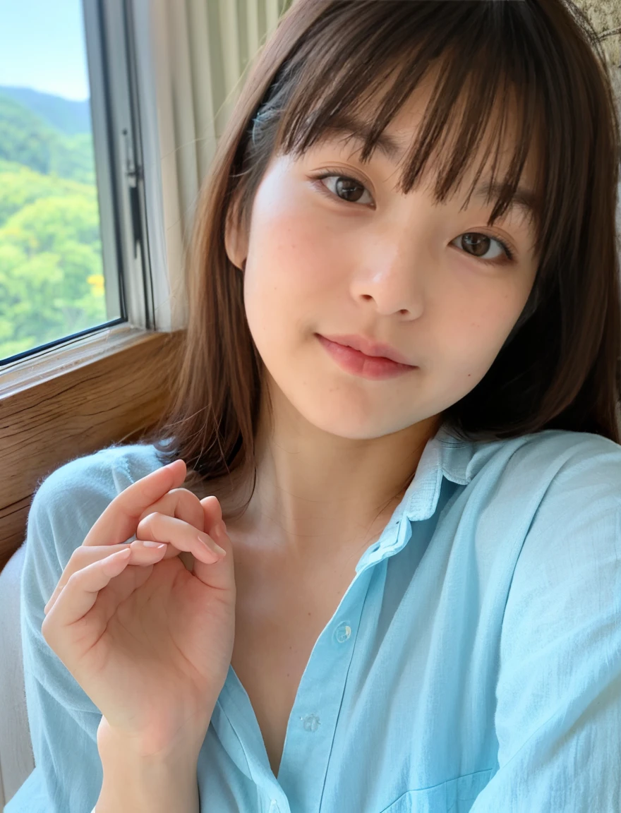 Japanese、Beauty、24-years-old、Completely naked、Open-front linen shirt、panties、(Wink:1.2)、round face、plump body、bedroom、With bangs、straight hair、bright hair color、Pointed mouth、Selfie with both hands、selfie、