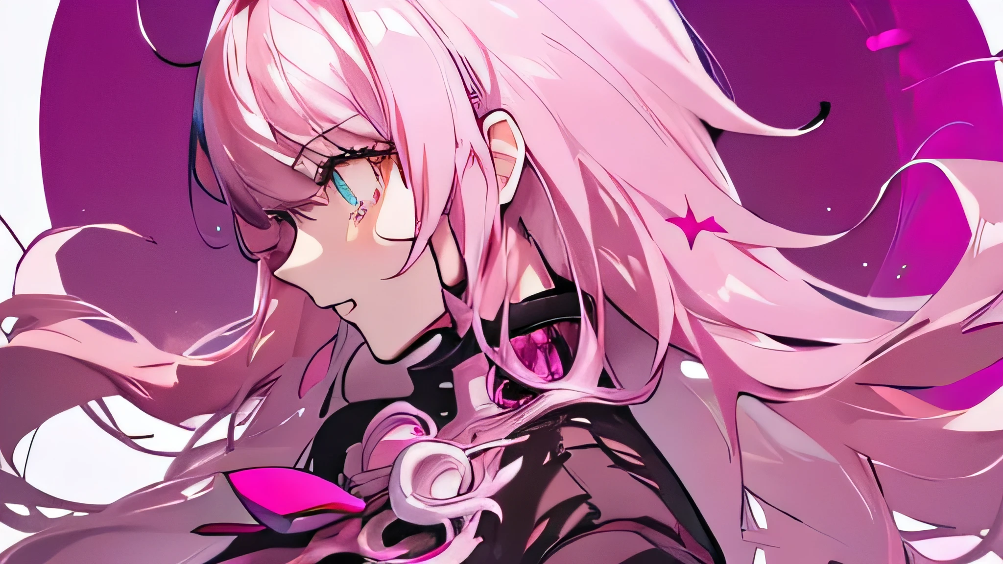 anime girl with long white hair and blue eyes with a pink background, digital art from danganronpa, persona art style, nagito komaeda, persona 5 art style, anime abstract art, profile of anime girl, girl with white hair, best anime 4k konachan wallpaper, anime graphic illustration, persona 5 art style wlop, key anime art