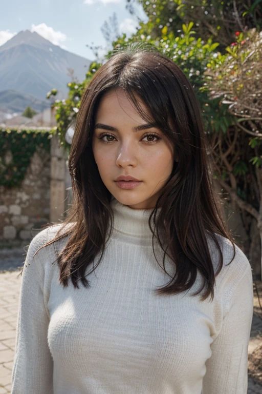 mujer con piel morena, con labios gruesos, senos, escote, escote cutout, recorte de ropa, fondo verde, pelo entre los ojos, banda para el cabello, high resolution, mangas de julieta, mangas largas, nier (serie), autómatas nier,  mangas hinchadas, labios rojos, cara sombreada, cabello corto, Solo, turtleneck, parte superior del cuerpo, pelo blanco, cielo, de fondo en bariloche