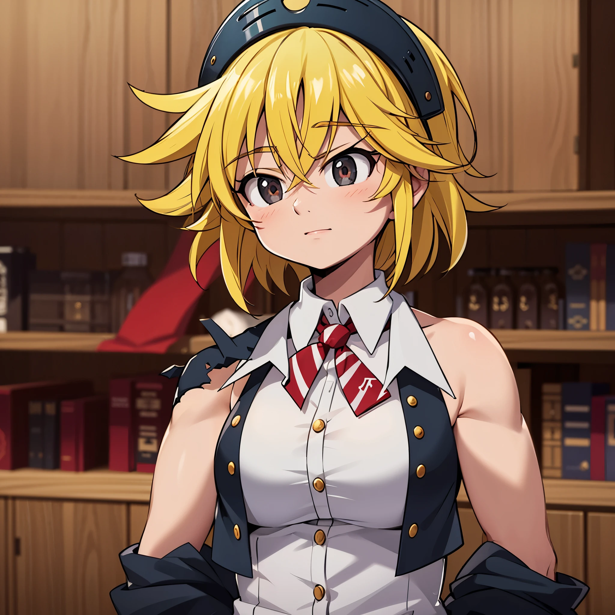 ((meliodas_nanatsu_no_taizaiem female version with medium breasts wearing jacket with red tie, blonde demon black eyes empty)),((extreme quality ultra 16k))



