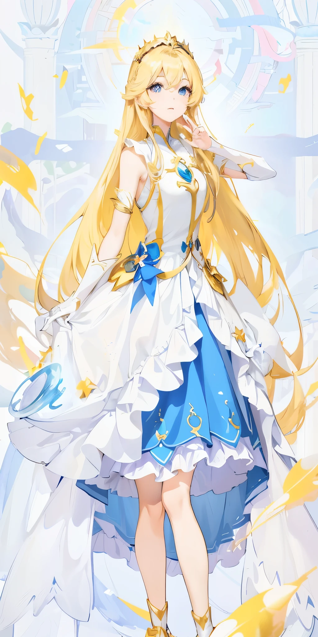 Wearing a blue dress、Anime girl with stars in her hands, blonde anime long hair girl, anime goddess, Cute anime waifu wearing beautiful clothes, blonde princess, anime long hair girl, Beautiful anime character design, ((beautiful fantasy queen)), full portrait of elementalist, goddess of light, Beautiful celestial mage, my dress up darling anime