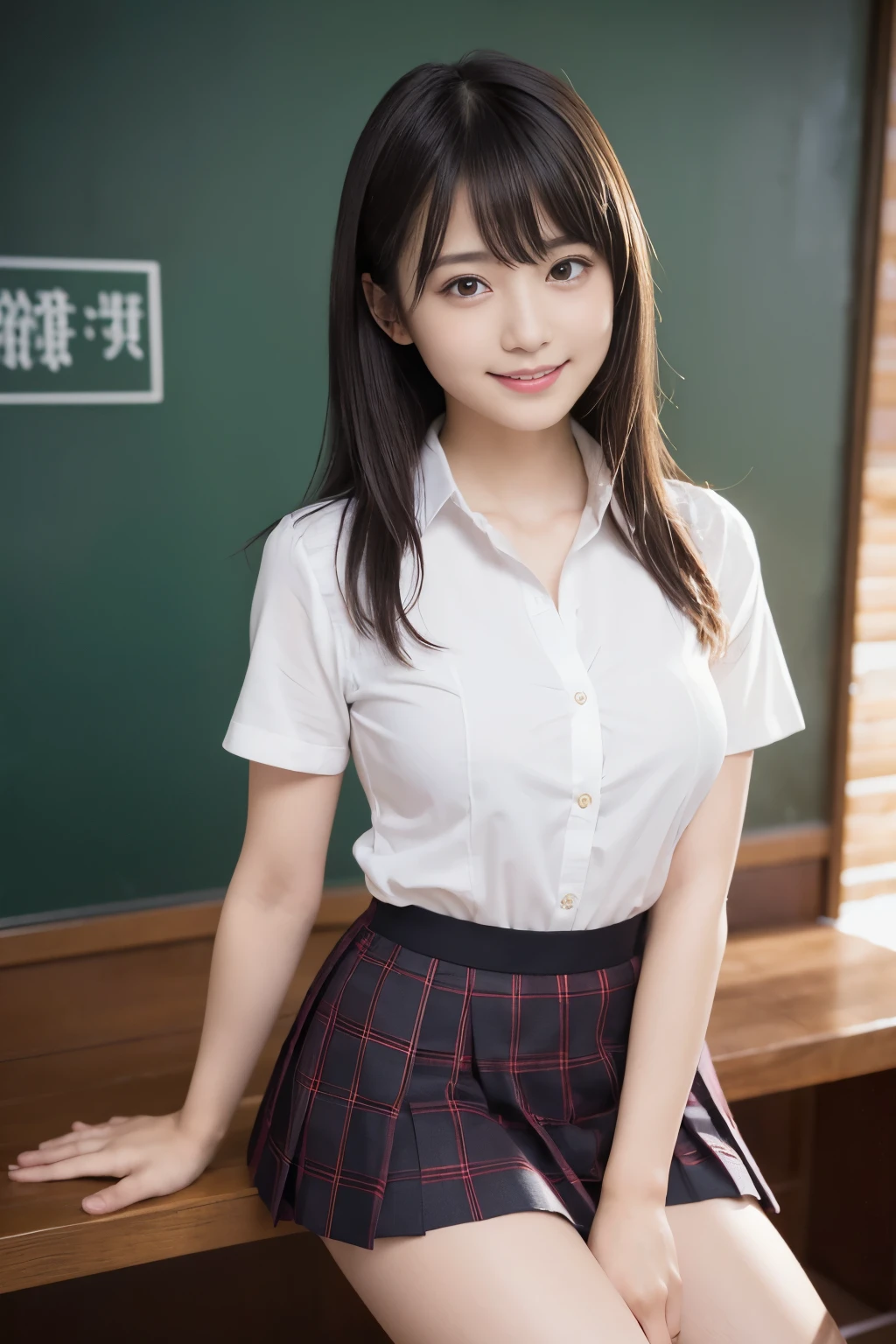 (1girl), (round eyes:1.2), (highly detailed face and eyes), refreshing smile,  Amazing face and eyes, (school uniform, skirt:1.3), cleavage, (Best Quality:1.4), (Ultra-detailed), (extremely detailed CG unified 8k wallpaper), Highly detailed, High-definition raw color photos, Professional Photography, Realistic portrait, indoors, (casual room, cute wallpapers:1.3), (A moment of relaxation), model, (studio photo shoots with cute backgrounds), flower decorations, depth of fields, (fine face:1.2), summer,