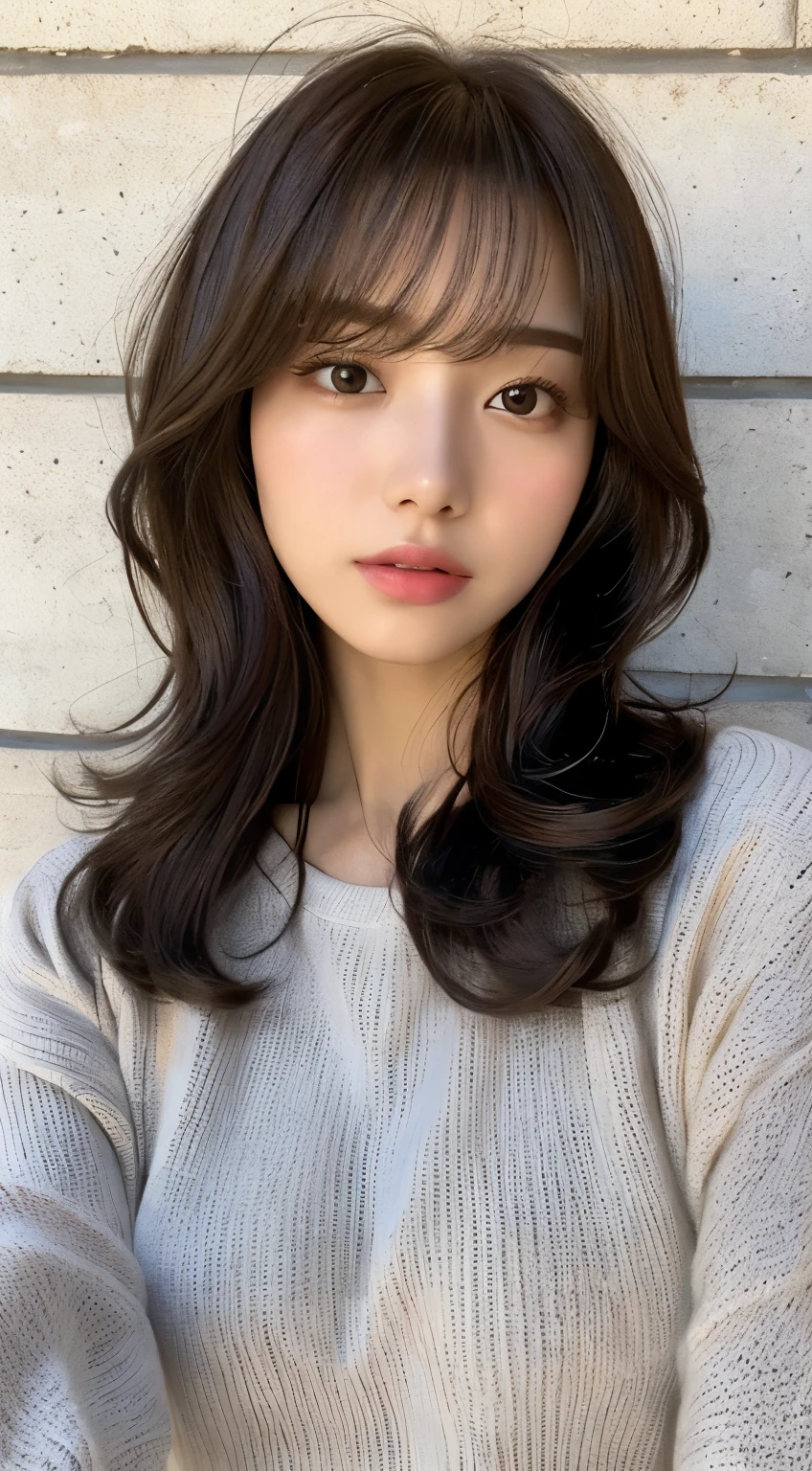 (highest quality、16K resolution)1 girl、solo、Natural light、small breasts、japanese woman、Looking at the camera、White long-sleeved knit、(Concrete wall background)、facing forward、Are standing、bob hair、Woman in her late s、light bangs、short hair、salon model、natural look、Portrait、floating hair、Hair loosely curled with a curling iron