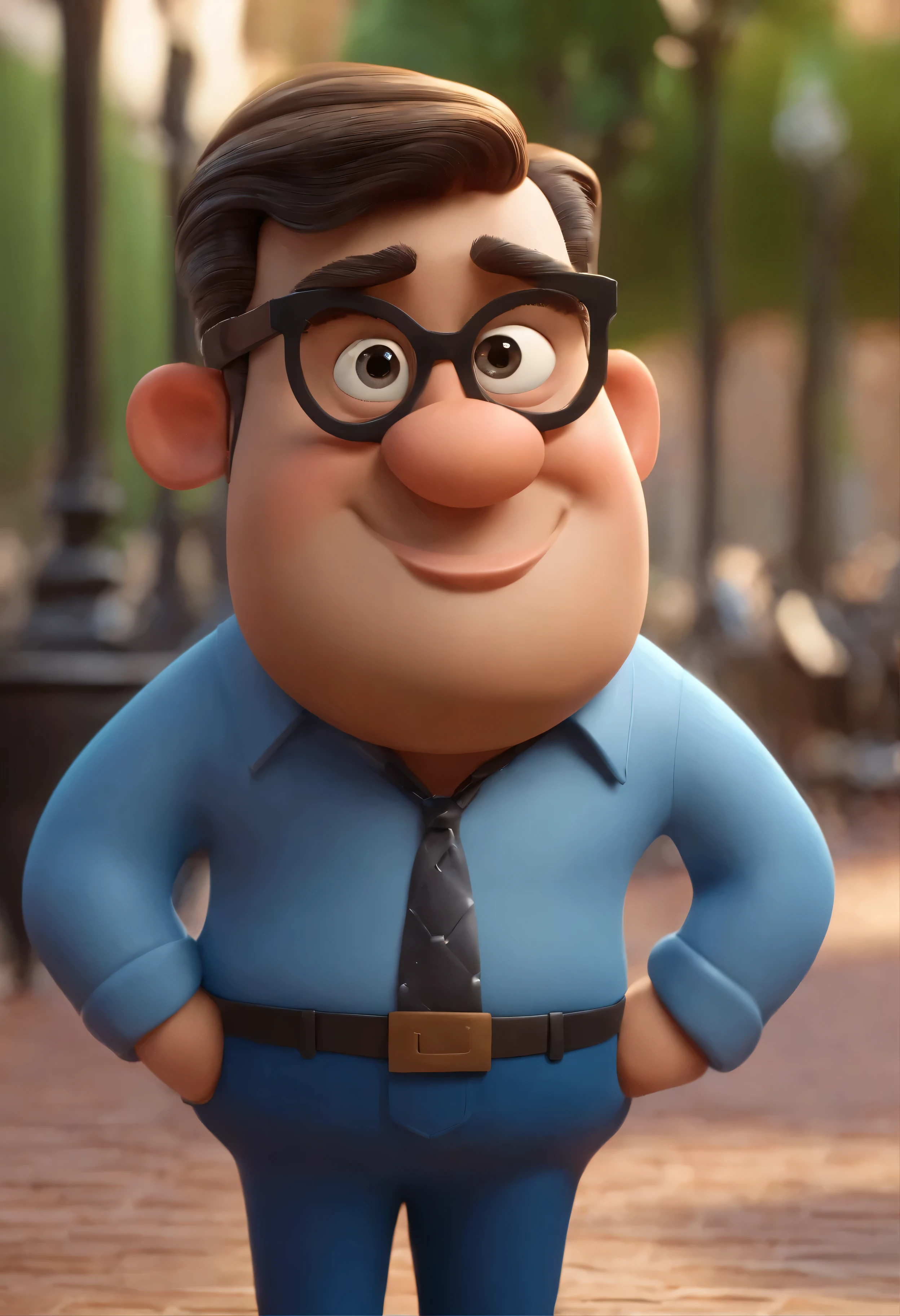 Cartoon character of a fat man with black glasses, pequeno bigode e uma camisa azul, animation character, Caractere estilizado, animation style rendering, 3D estilizado, Arnold Maya rendering, Stylized 3D rendering, toon render screenshot, Personagem 3D, Personagem 3D, Stylized 3D rendering, 3D character rendering, personagem de desenho animado, Personagem de close up, Pose de personagem, (Estilo Pixar) (parte mestre:1.2) (Bokeh) (melhor qualidade) (pele detalhada) (textura detalhada) (8k) (argila) (cinematic lighting) (sharp focus