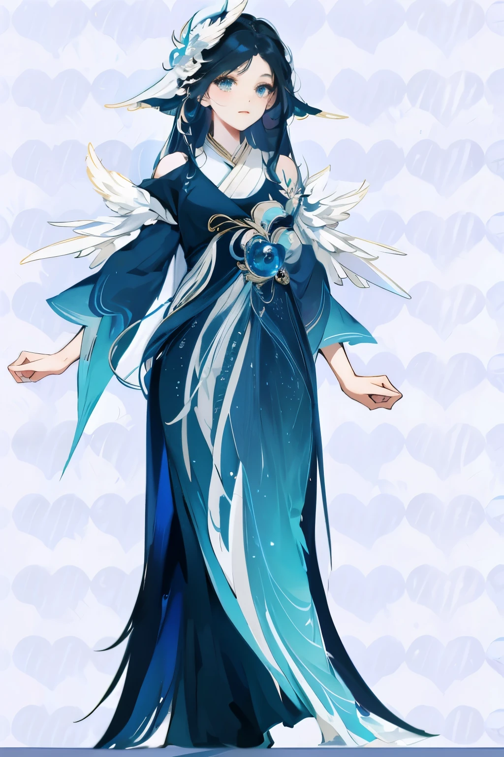 one wearing a blue dress、Cartoon picture of woman with white wings, Astral Witch Clothes, flowing magic robe, Dress up in dreamy formal attire, full body xianxia, Cotton Cloud Mage Robe, clothes themed on a peacock mage, ((beautiful fantasy queen)), fantasy costumes, Fantasy robes, Beautiful celestial mage, Astral Fairy, Can be used all over the body