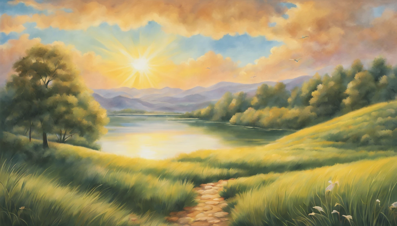 (masterpiece, high resolution, serene:1.2), peaceful landscape, rolling hills, vibrant green grass, (golden sunlight:1.1), clear blue sky, fluffy white clouds, (cross silhouette:1.2), standing tall on a mountaintop, rays of light shining through, (dove:1.1), gracefully flying above, (bible:1.2), open with pages gently turning, (praying hands:1.2), in a humble gesture, (flowing robes:1.1), billowing in the gentle breeze, tranquil lake, (reflection:1.2), creating a sense of harmony, (inspiring quote:1.2), carefully written in elegant calligraphy, (soft pastel colors:1.1), creating a warm and inviting atmosphere.