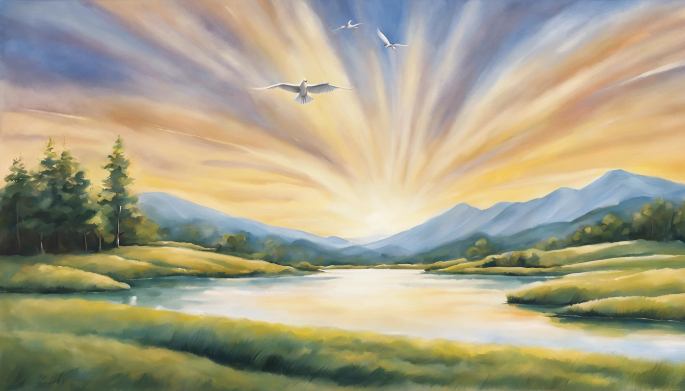 (masterpiece, high resolution, serene:1.2), peaceful landscape, rolling hills, vibrant green grass, (golden sunlight:1.1), clear blue sky, fluffy white clouds, (cross silhouette:1.2), standing tall on a mountaintop, rays of light shining through, (dove:1.1), gracefully flying above, (bible:1.2), open with pages gently turning, (praying hands:1.2), in a humble gesture, (flowing robes:1.1), billowing in the gentle breeze, tranquil lake, (reflection:1.2), creating a sense of harmony, (inspiring quote:1.2), carefully written in elegant calligraphy, (soft pastel colors:1.1), creating a warm and inviting atmosphere.