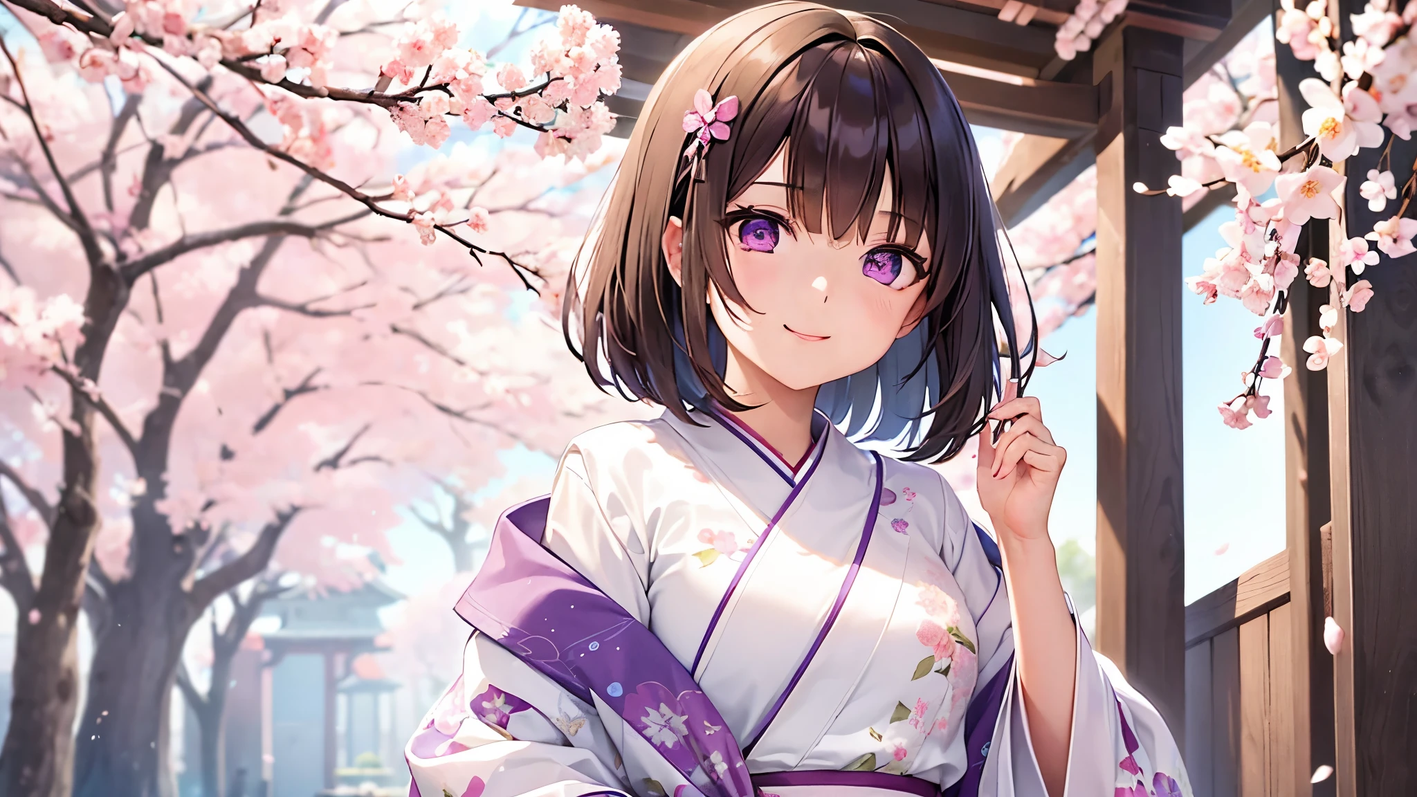 very cute girl、dark brown hair、bob cut、short hair、Violet eyes、smile、Crystal clear white skin、((Beautiful white kimono、Floral pattern))、cherry blossoms、shrine、