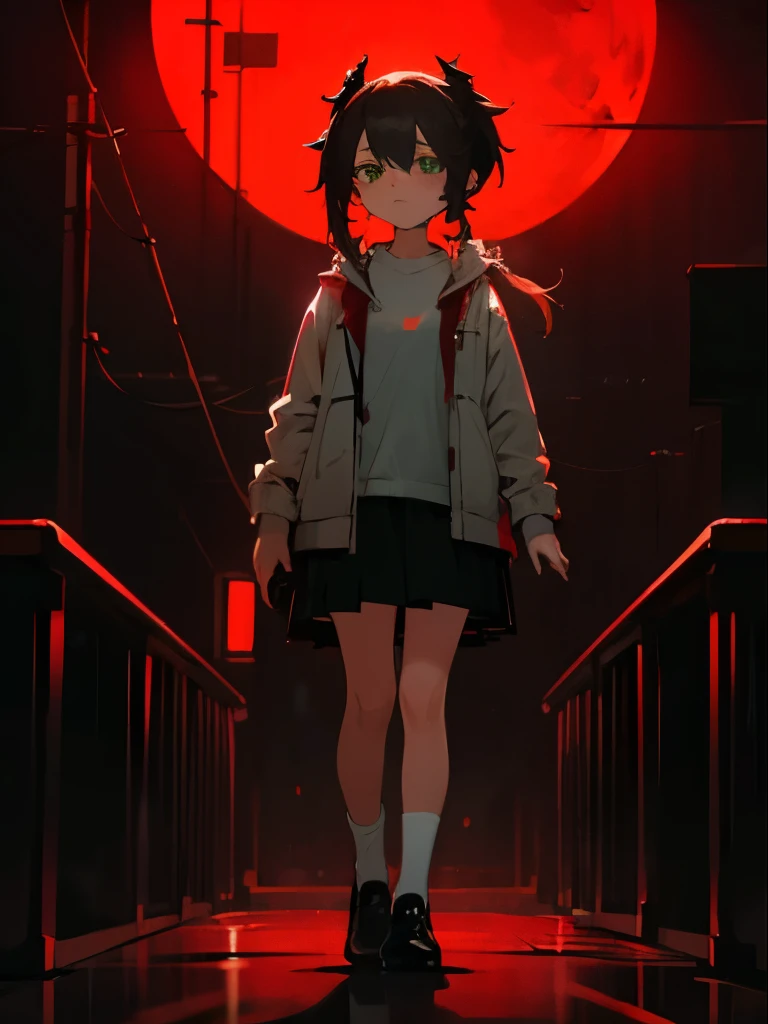 ​masterpiece,top-quality,empty road,raining, girl standing, hands at side,A dark-haired, messy hair, braided pigtails, Green eyes,Teary-eyed, blank expression, eye contact, (White shirt, grey open jacket, black skitt, black shoes, white socks) ,Buruma,Steaming,murky, dark, red lighting, red light from stret lamps, horror ambience, night, pitch black sky, detailed face, high quality, dark sky, red light