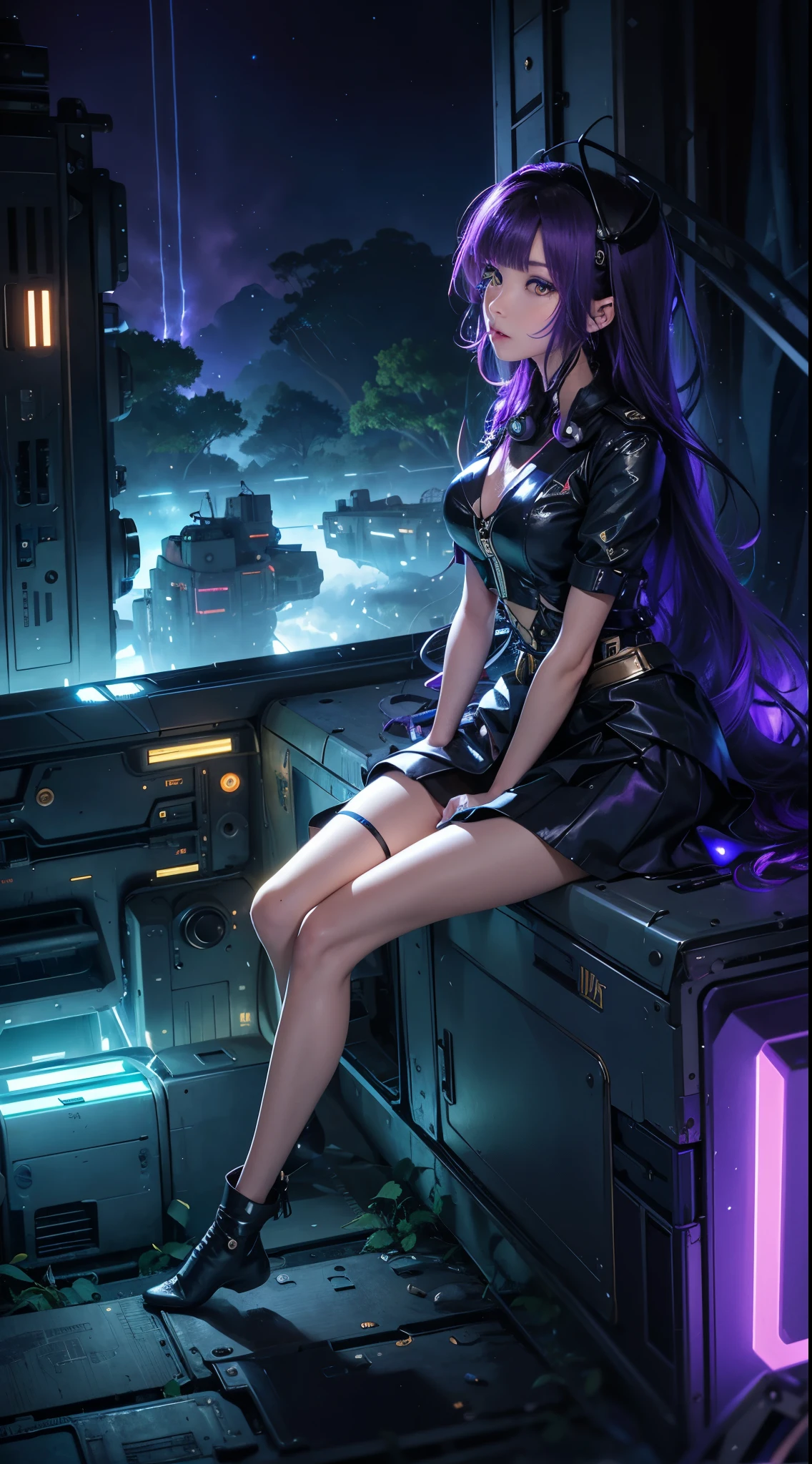 1965 cheerleader, medium skirt, purple gold colors, In the deep recesses of a military industrial complex stands Massively sized Time Tunnel in a government reinforce massive bunker forest covered in darkness and secrecy. A very attractive and futuristically half dressed time traveler (half android) woman ((shinny clothing and time travel accessories)) stands sadly beside the broken Time Machine. A colorful Matrix computer code is mixed into the background amongst the forest trees.