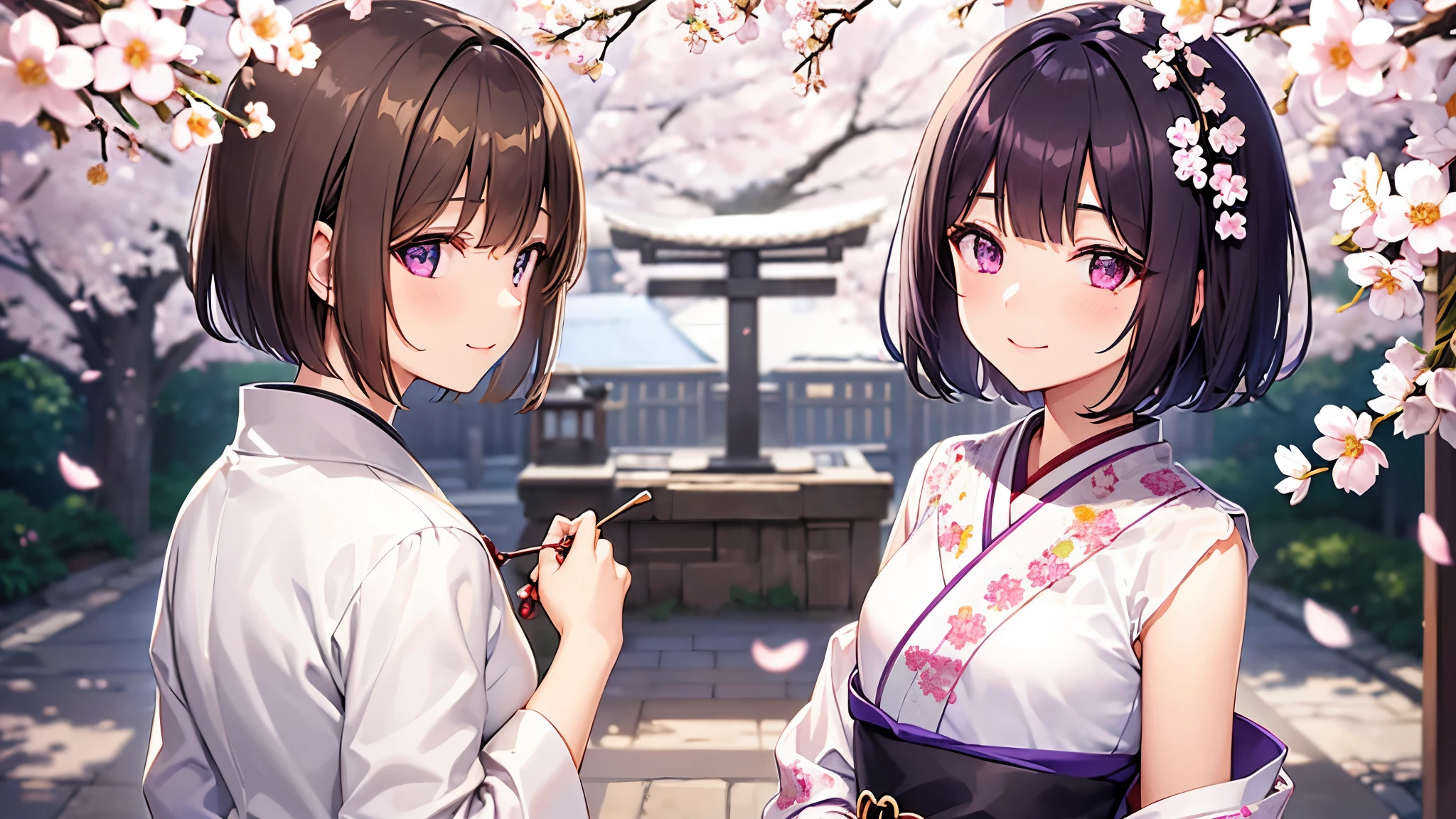 very cute girl、dark brown hair、bob cut、short hair、Violet eyes、smile、Crystal clear white skin、((Beautiful white kimono、Floral pattern))、cherry blossoms、shrine、