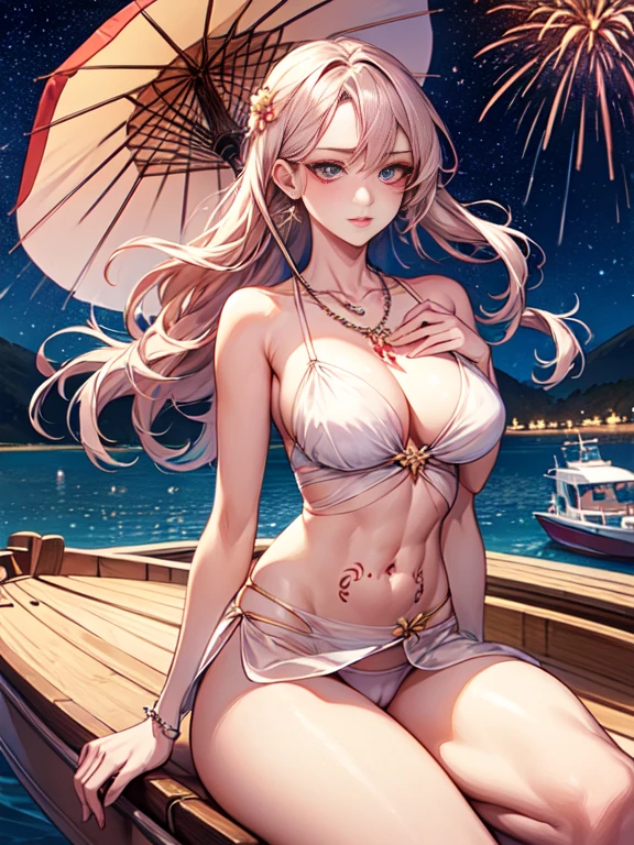 Beautiful and attractive women with fashion trends, whole body: 1.6, have flowers, random hairstyle, sitting under a parasol, by boat, tight slip dress random color, hair blowing in the wind, starry skies, firework、delicate sexy clavicle, cover chest, attractive face, double eyelid, Smart peach blossom eyes, pink lips, upturned mid-chest, bare shoulders, concentrated face, ultra high resolution, Super detailed, Ultra-thin translucent, fresh and good, See-through, pink underwear、tattoo、Cameltoe, toned abdominal muscles、thin thin waist、big necklace、big hips、