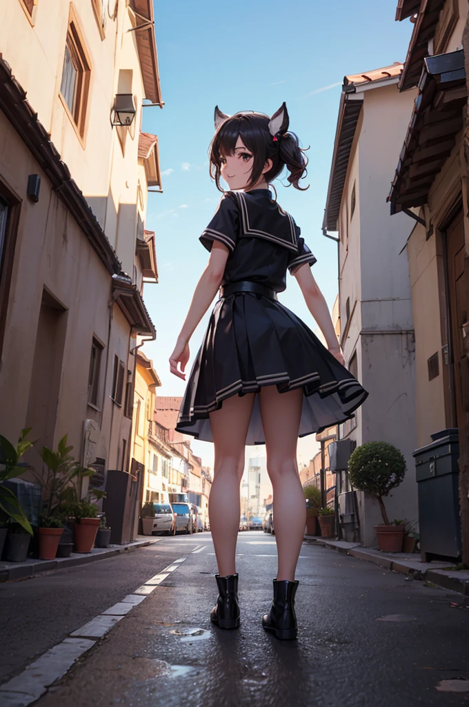 colegiala muy linda y hermosa,(Cara y ojos hermosos altamente detallados:1.2),
Sonrisa,pelo negro,(mini falda),(tiro de vaquero),(Desde abajo),looking back,from behind,inclinado hacia adelante,bonitas piernas,
Callejon,pared de ladrillo del edificio,dynamic angle,
(Mejor calidad,obra maestra:1.2),detalles intrincados,extremadamente detallado,high resolution,1 chica,Solo,cinematic lighting,(Realista),