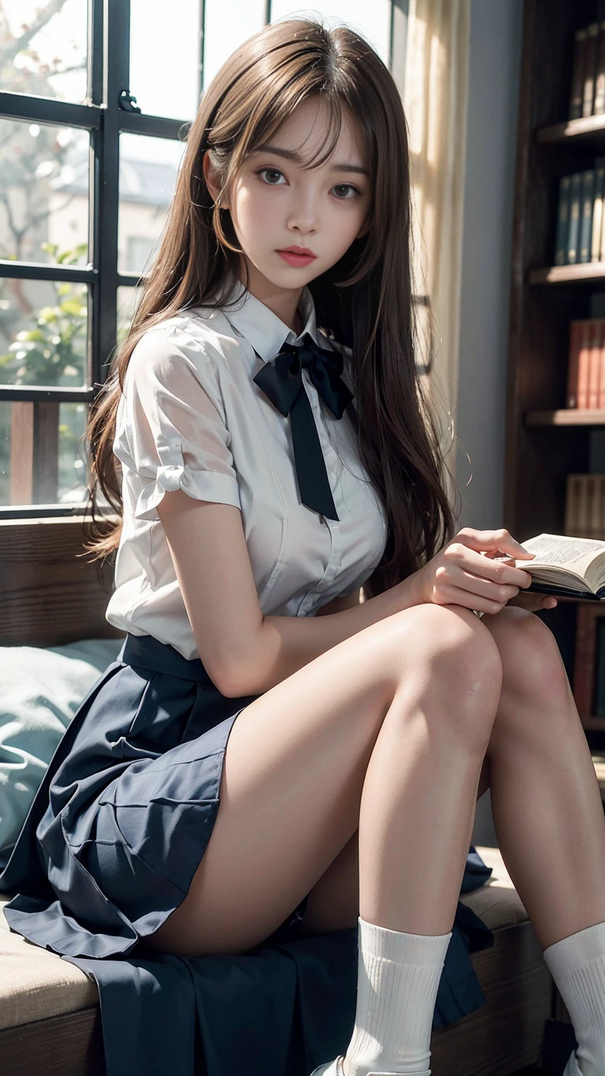 20 year old woman, (high top faded: 1.3), (low(low)), (soft focus), HD, masterpiece, HD, HD, 4K, 超HD, Very realistic shadows, Surrealism, 戏剧性的lamp光, a girl, alone, Detailed face, lifelike眼睛, lifelike皮肤, dynamic hair, dynamic poses, dynamic angle, (White shirt), (dark blue bow tie) , (((Dark blue long skirt)))), ((white hem socks))), library background, (original photo: 1.2), (lifelike: 1.4), beautiful and delicate woman, Extremely detailed eyes and face, beautiful and delicate eyes, Larger file size, 一个Very detailed的, high resolution, Very detailed, best quality, (bright interior), (soft light), (low对比度), ( see deeply), (Portrait of a beautiful woman illuminated by soft light), (Very delicate and elegant depiction), (short bangs), (Head color dark chestnut,Slightly brownish), (Subtle and silky waves), (long hair两侧错综复杂地编织小辫子), ((white hem socks))), illustration, Very detailed, BAPV, unity, 8k wallpaper, amazing, Exquisite details, best quality, Highly detailed integrated 8K wallpapers so far this year, Coordinating Minister, lamp, 1 girl, 25 years old, (((No)), (camel toe), (half), (Sit on bent knees and legs)), long hair, dark theme, soothing tone, pastel colors, high contrast, (natural skin texture, Surrealism, soft light, No耐烦), Capturing the serene beauty of a young woman immersed in the peaceful atmosphere of a library.. Soft diffused light gently illuminates her features., It emphasizes her sophisticated look and creates a calm atmosphere. Library shelves filled with books,Provide background on knowledge and wisdom. It focuses on capturing models'Natural charm and elegance, Stay calm and consider the nature of the moment. Cute 21 year old Japanese gravure model,Soft body, gray brown wavy hair, Decorate with ribbon, charming appearance. She wears a frilly white blouse, Blue ruffled skirt and white ruffled socks. sitting on bed, She hugged her knees,Staring at the camera, Exudes melancholy charm. Create scenes where beauty and ephemerality intertwine, national foundation