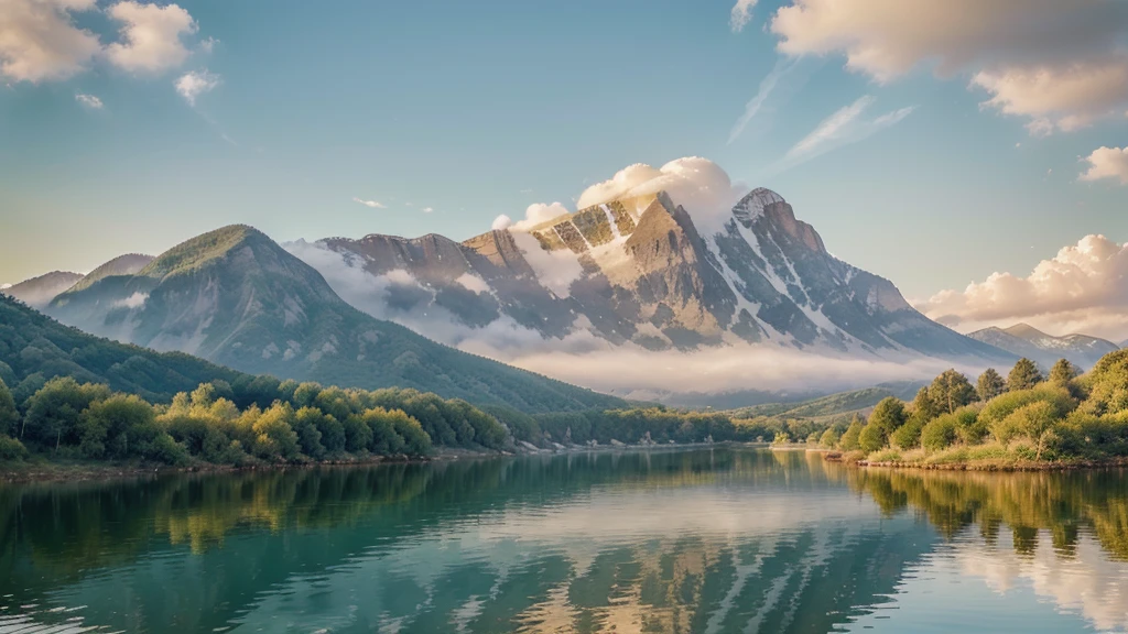 (masterpiece, high resolution, serene:1.2), peaceful landscape, rolling hills, vibrant green grass, (golden sunlight:1.1), clear blue sky, fluffy white clouds, (cross silhouette:1.2), standing tall on a mountaintop, rays of light shining through, (dove:1.1), gracefully flying above, (bible:1.2), open with pages gently turning, (praying hands:1.2), in a humble gesture, (flowing robes:1.1), billowing in the gentle breeze, tranquil lake, (reflection:1.2), creating a sense of harmony, (inspiring quote:1.2), carefully written in elegant calligraphy, (soft pastel colors:1.1), creating a warm and inviting atmosphere.