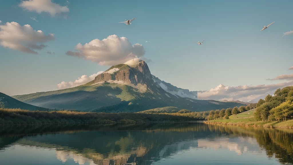 (masterpiece, high resolution, serene:1.2), peaceful landscape, rolling hills, vibrant green grass, (golden sunlight:1.1), clear blue sky, fluffy white clouds, (cross silhouette:1.2), standing tall on a mountaintop, rays of light shining through, (dove:1.1), gracefully flying above, (bible:1.2), open with pages gently turning, (praying hands:1.2), in a humble gesture, (flowing robes:1.1), billowing in the gentle breeze, tranquil lake, (reflection:1.2), creating a sense of harmony, (inspiring quote:1.2), carefully written in elegant calligraphy, (soft pastel colors:1.1), creating a warm and inviting atmosphere.