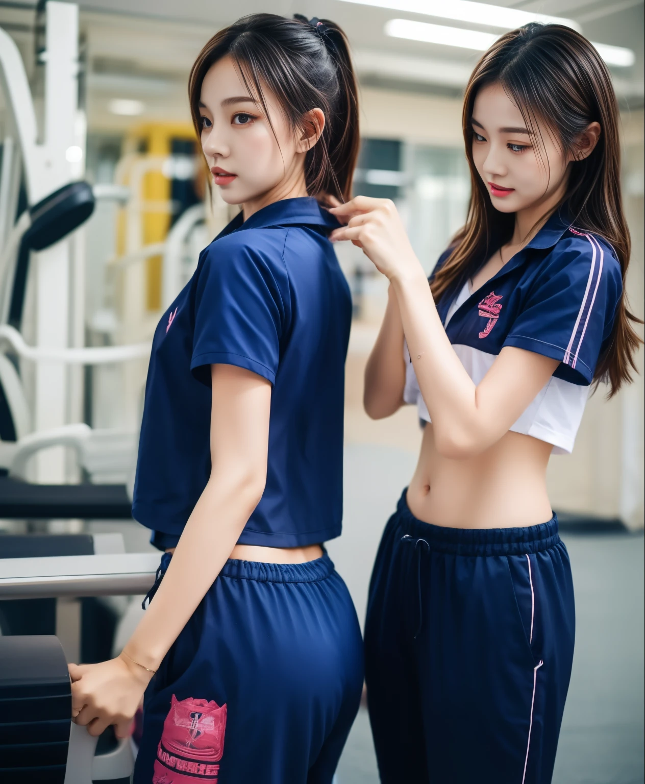 2 girls in fitness center, Navy blue short-sleeved shirt,Navy Long Trackpant,Sweatpants, Sweatpantsขายาว,25 year old girl, lesbian, sexy, exercise clothes, wet body, exercise clothes