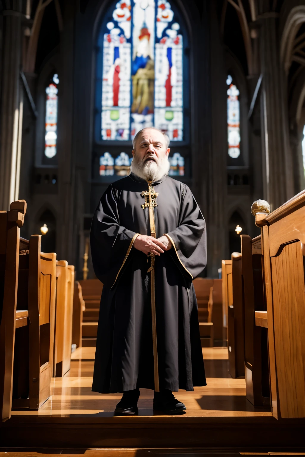 A dwarf in priest&#39;s clothing stands in a church, Detailed face, middle Ages, fantasy