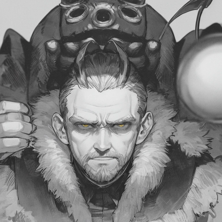 (Anime style:1.2), isekai style, (middle aged man:1.4), short beard, solo, short black hair, (demon horns:1.2), small horns, dark circles around eyes, shadowy eyes, unsettling stare, scary smirk, creepy looking, kubrick stare, black leather duster coat, mischievous expression, smirking, clenched fists, (holding metal ball:1.2)