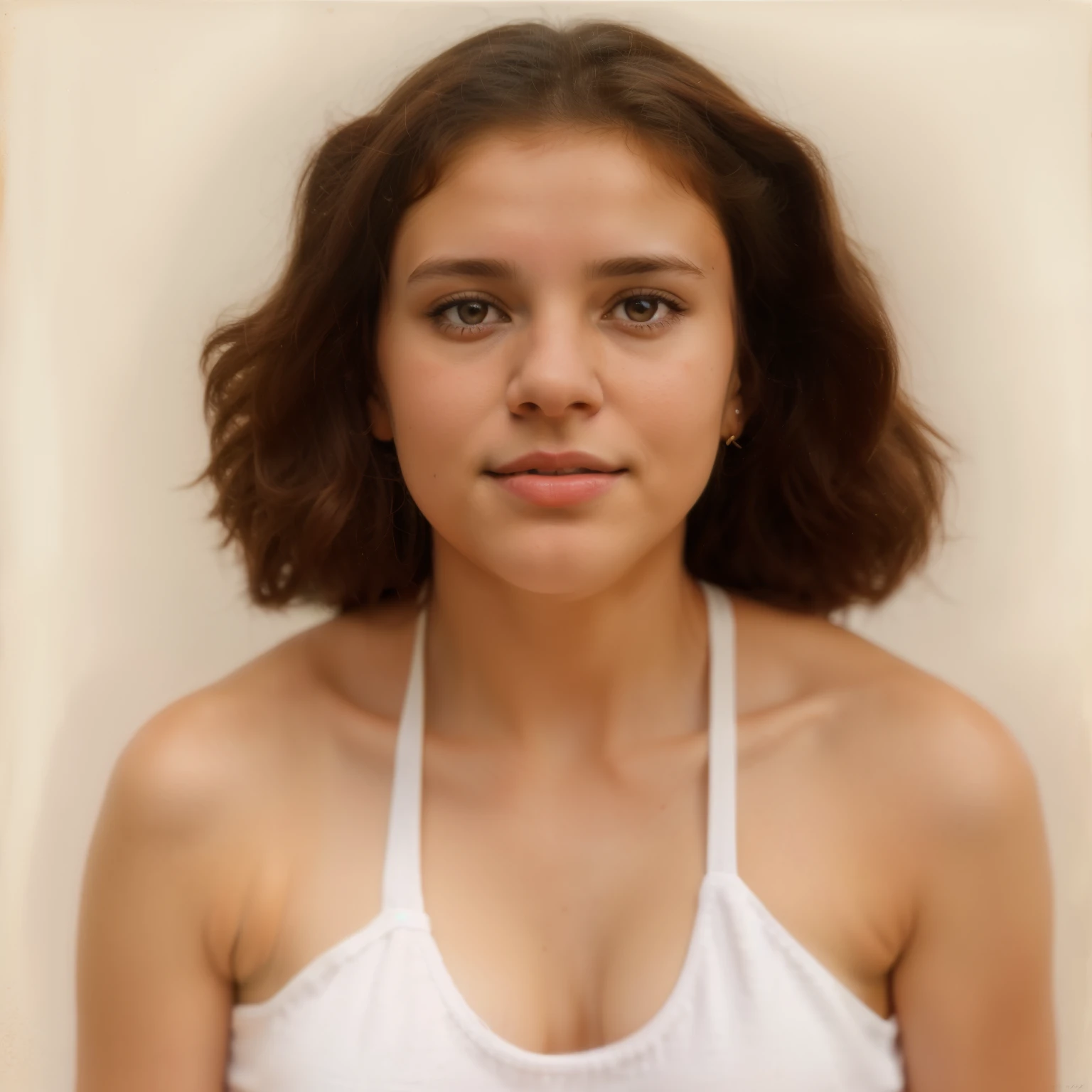 painting of a woman with a white tank top and a brown hair, 30-year-old woman from cuba, transformation portrait, digitally painted, ancient libu young girl, aged 2 5, digital art but photo, potrait, halfbody portrait, half body portrait, portrait of female humanoid, portrait n - 9, thin aged 2 5
