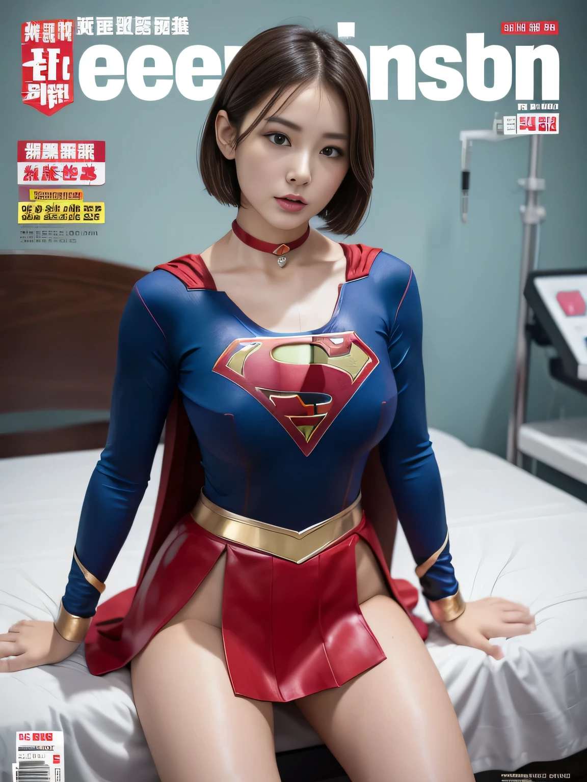 masterpiece,supergirl costume, short hair, barefoot, big and full breasts,operating room、operating table、straddle、damaged、shiny、look at the camera、provocation、Estrus、choker、Weekly magazine cover、long sleeve、red mini skirt、obscene pose、Seduce