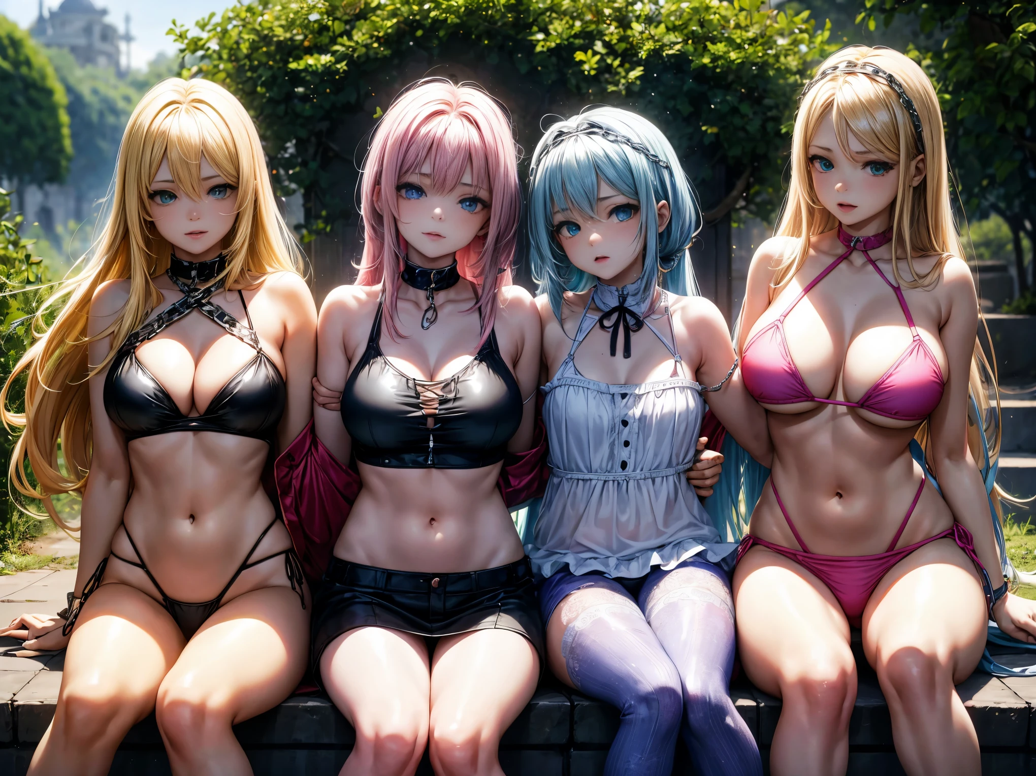Casais femininos e femininos A girl sitting on a chain wearing a short blonde bikini, pink long hair, maria chiquinha, blue eyes, lindissíma, fluffy。Girls hugging each other from behind。 de biquini, Shy, vermelha, loira, sexy , with green eyes, beautiful, enormous tits