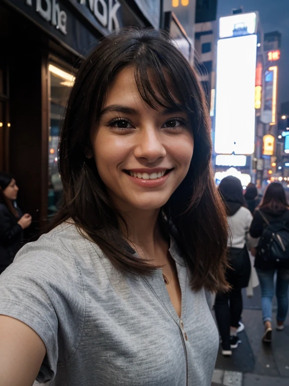  with very expressive smile, with a background in a panoramic selfie of New York City.