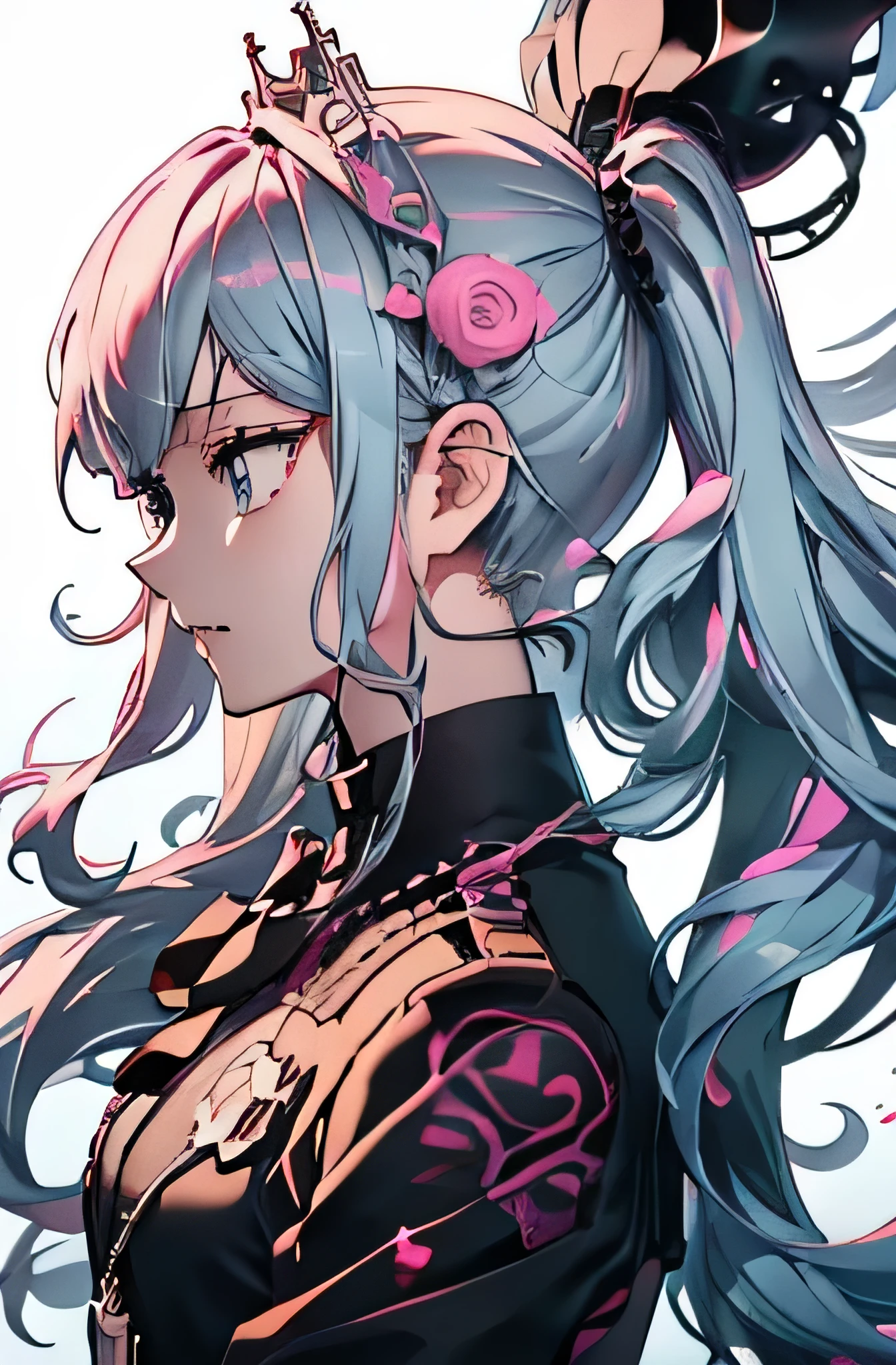 {Masterpiece}, {Top quality}, anime girl with long white hair and blue eyes with a pink background, digital art from danganronpa, persona art style, nagito komaeda, persona 5 art style, anime abstract art, profile of anime girl, girl with white hair, best anime 4k konachan wallpaper, anime graphic illustration, persona 5 art style wlop, key anime art, detailed face, detailed eyes