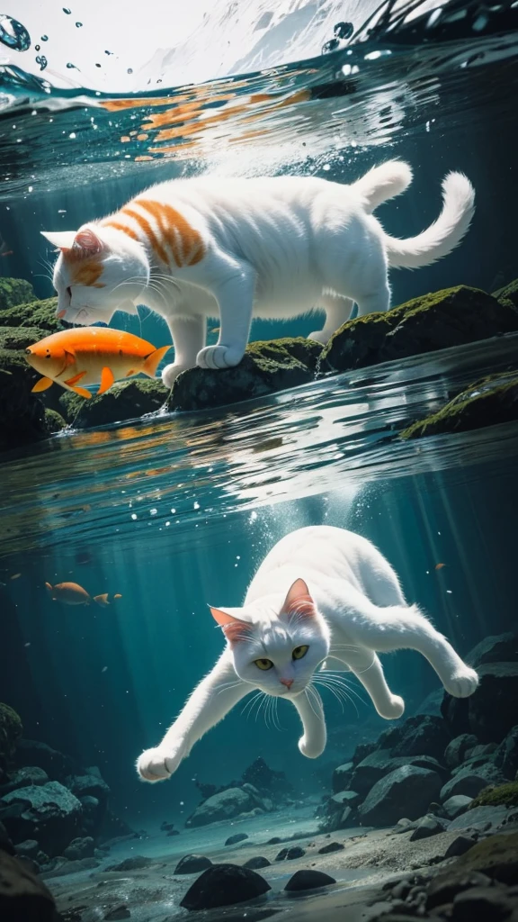 White cat, orange ear, orange back's cat, under dark water cartoon