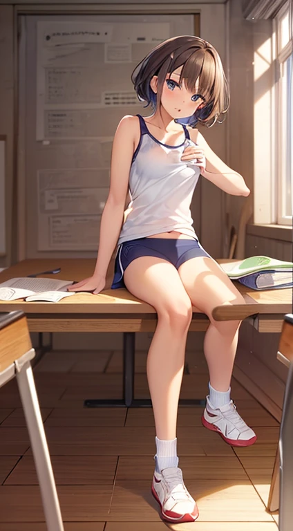  Troubled expression Raise hand Maki Horikita Beautiful girl Junior high school student White tank top Navel exposed Beautiful legs Track and field appearance Club activities Japanese classroom Small breasts Slender short stature Short hair Brown hair Whole body visible Sitting on desk Composition seen from below 