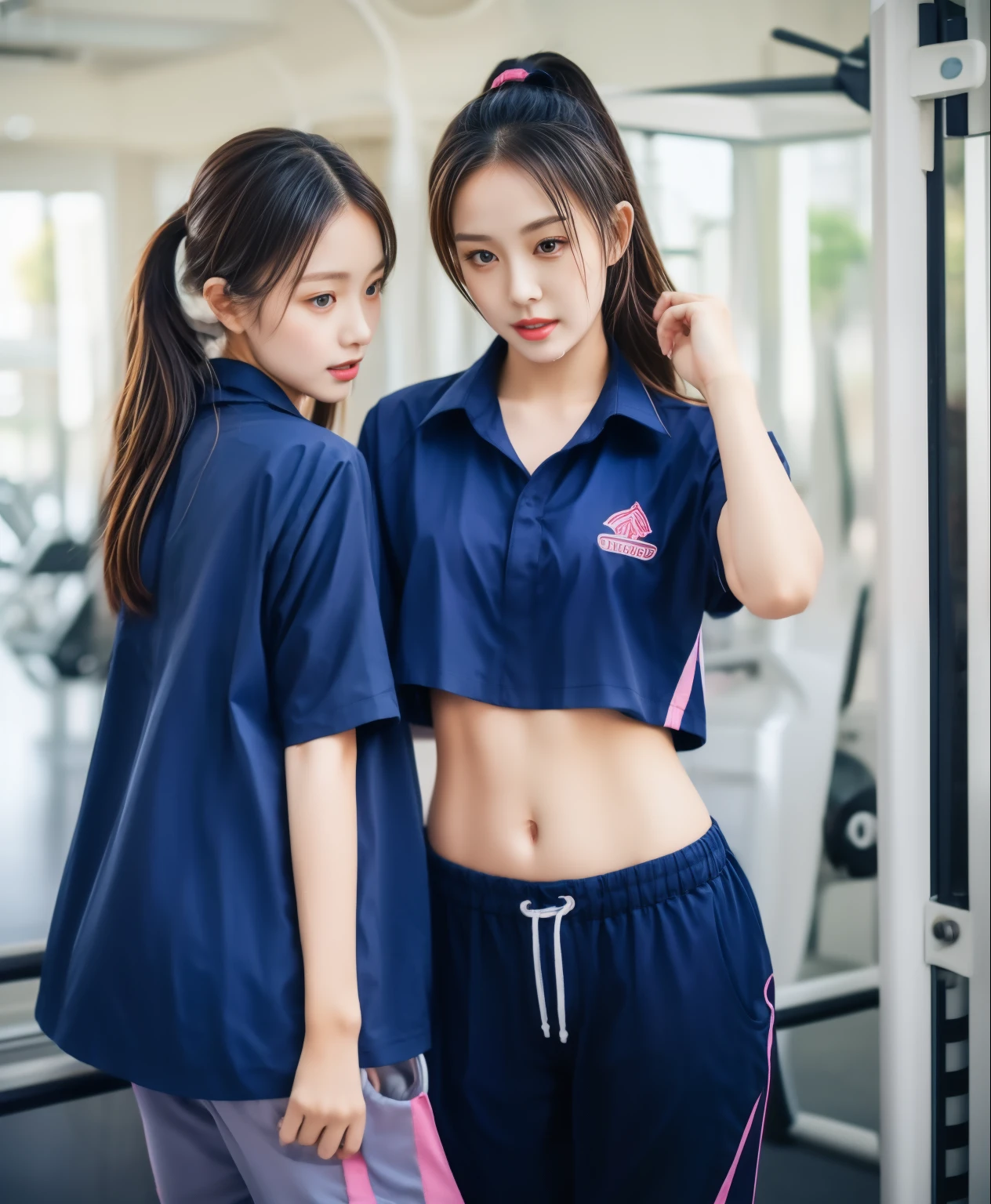 2 girls in fitness center, Navy blue short-sleeved shirt,Navy Long Trackpant,Sweatpants, Sweatpantsขายาว,25 year old girl, lesbian, sexy, exercise clothes, wet body, exercise clothes