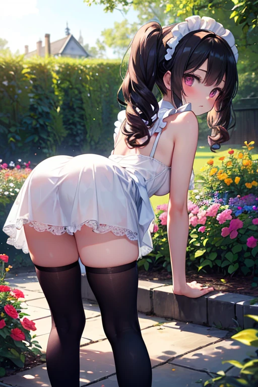 (masterpiece),maid,apprentice girl,ta,black hair,show small breasts,Brown nipples,Pink Lace Pants,Gothic mini skirt,leaning forward,Sticking ass,satin fabric slip,,Natural light, realistic, diffused light, Looking up from behind,vapor, (), (urinate,leakage, curly pigtails,Thighhighs,ankle length mini dress,embarrassing red face,,in front of the flower bed in the garden,