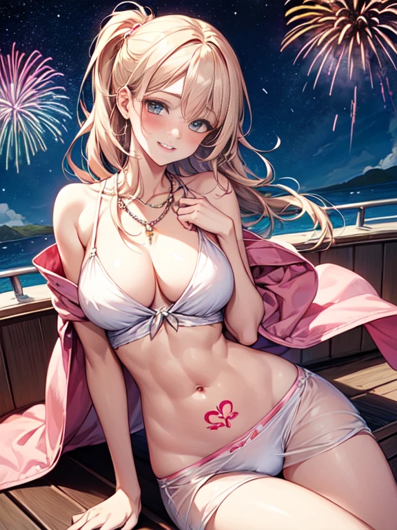 Beautiful and attractive women with fashion trends, whole body: 1.6, have flowers, random hairstyle, sitting on the edge of the ship, by boat, tight slip dress random color, hair blowing in the wind, starry skies, firework、delicate sexy clavicle, cover chest, attractive face, double eyelid, Smart peach blossom eyes, pink lips, upturned mid-chest, bare shoulders, concentrated face, ultra high resolution, Super detailed, Ultra-thin translucent, fresh and good, See-through, pink underwear、tattoo on chest、Cameltoe, toned abdominal muscles、thin thin waist、big necklace、big hips、(blush:1.3)、Very happy expression、smile、