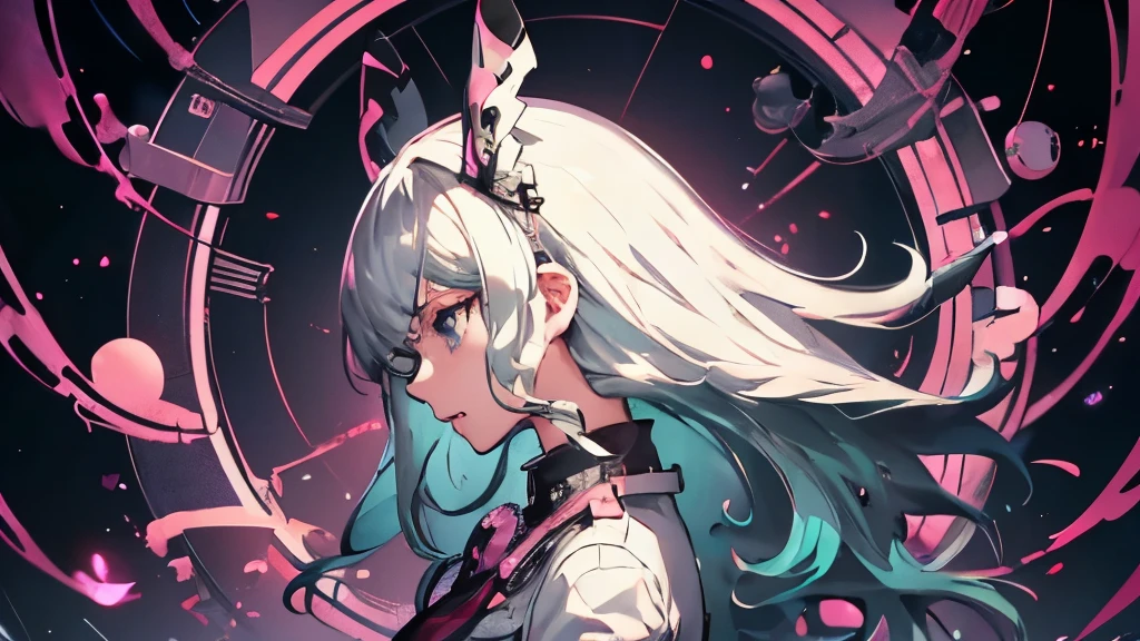 {Masterpiece}, {Top quality}, 1girl, anime girl with long white hair and blue eyes with a pink background, digital art from danganronpa, persona art style, nagito komaeda, persona 5 art style, anime abstract art, profile of anime girl, girl with white hair, best anime 4k konachan wallpaper, anime graphic illustration, persona 5 art style wlop, key anime art, detailed face, detailed eyes