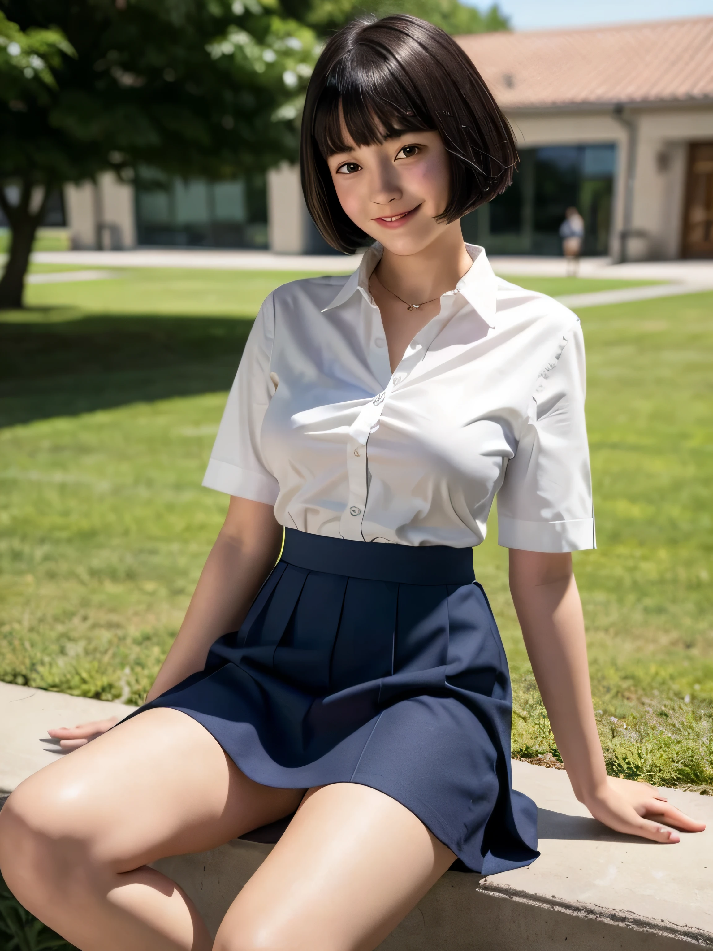 1 girl, 13 years old, bangs, smile, white shirt, dark blue skirt, mini skirt, black eye, black hair, Breasts get bigger, short hair, bob cut, No bra, white blouse, I can see the nipples, chest pouch, garden, school uniform, Are standing, spread your legs, 脚を開いてAre standing,  Plump body shape, I can see white pants, white socks, loose socks