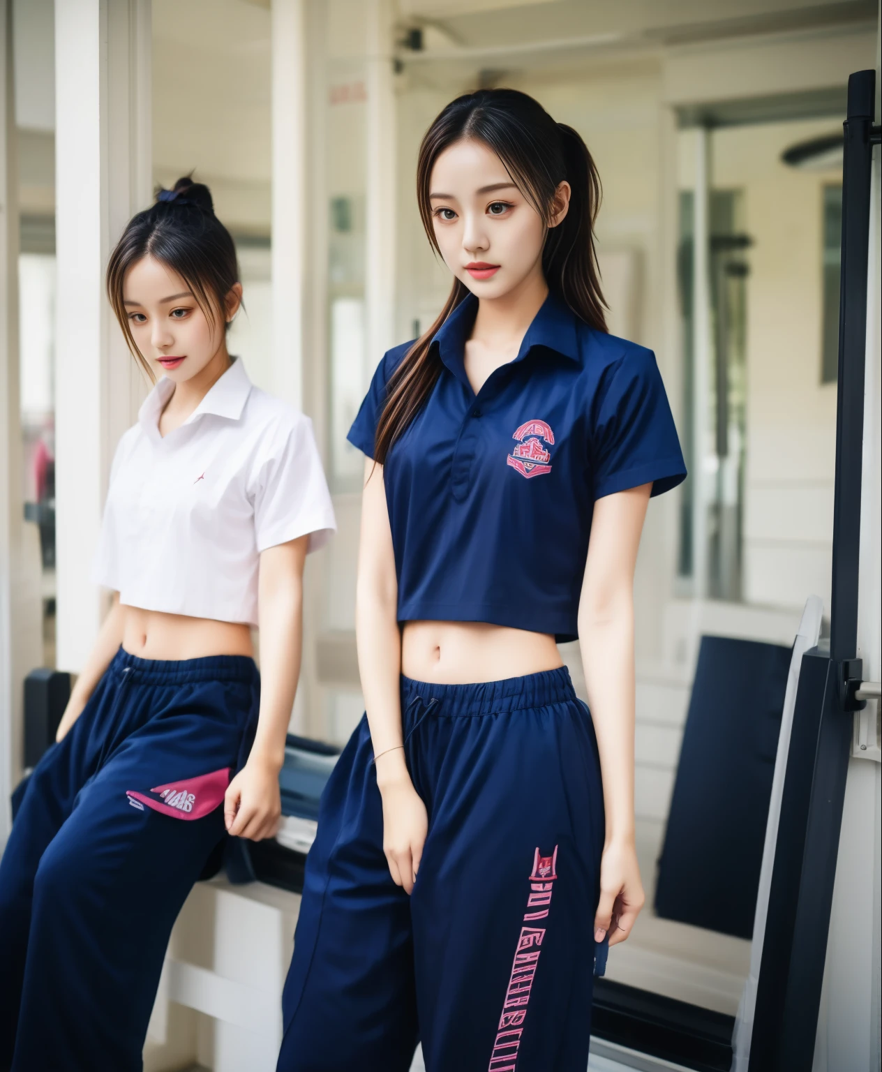 2 girls in fitness center, Navy blue short-sleeved shirt,Navy Long Trackpant,Sweatpants, Sweatpantsขายาว,25 year old girl, lesbian, sexy, exercise clothes, wet body, exercise clothes