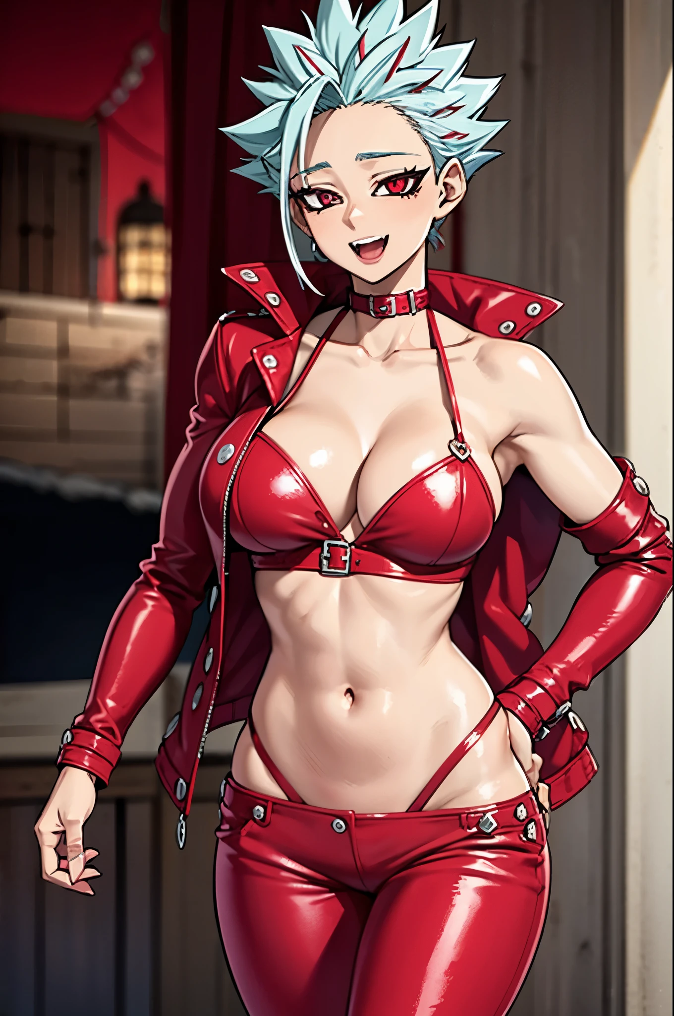 ban_nanatsu_no_taizai in female version with medium breasts wore a red leather jacket and red leather pants 