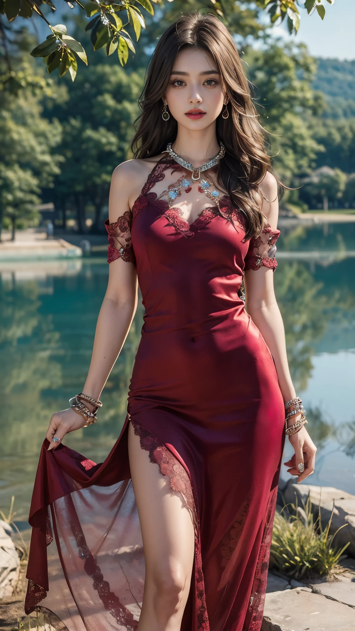 8k, masterpiece, 1 girl, beautiful face, very long hair, light makeup, detailed eyes, detailed lips, small figure, (detailed dress:1.4), maroon dress, (wearing jewellery:1.8), (lace:1.4), (loops:1.4), bare navel:1.4, ((lake:1.4)),