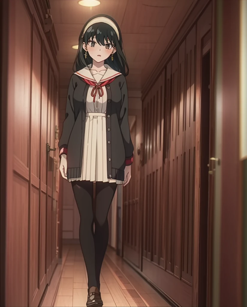 Yor Briar, 1 girl, blush, black hair, hair band, jewelry, earrings, open your mouth, alone, , white hair band, Japan High School Girl Uniform,Black cardigan,pleated skirt,Black pantyhose,brown loafers,Schoolback,city,On the way to school,walking,big breasts, exquisite visuals, High resolution,masterpiece,highest quality,exquisite visuals,High resolution,masterpiece,highest quality,18-year-old,young woman,beautiful fingers,beautiful long legs,beautiful body,beautiful character design,