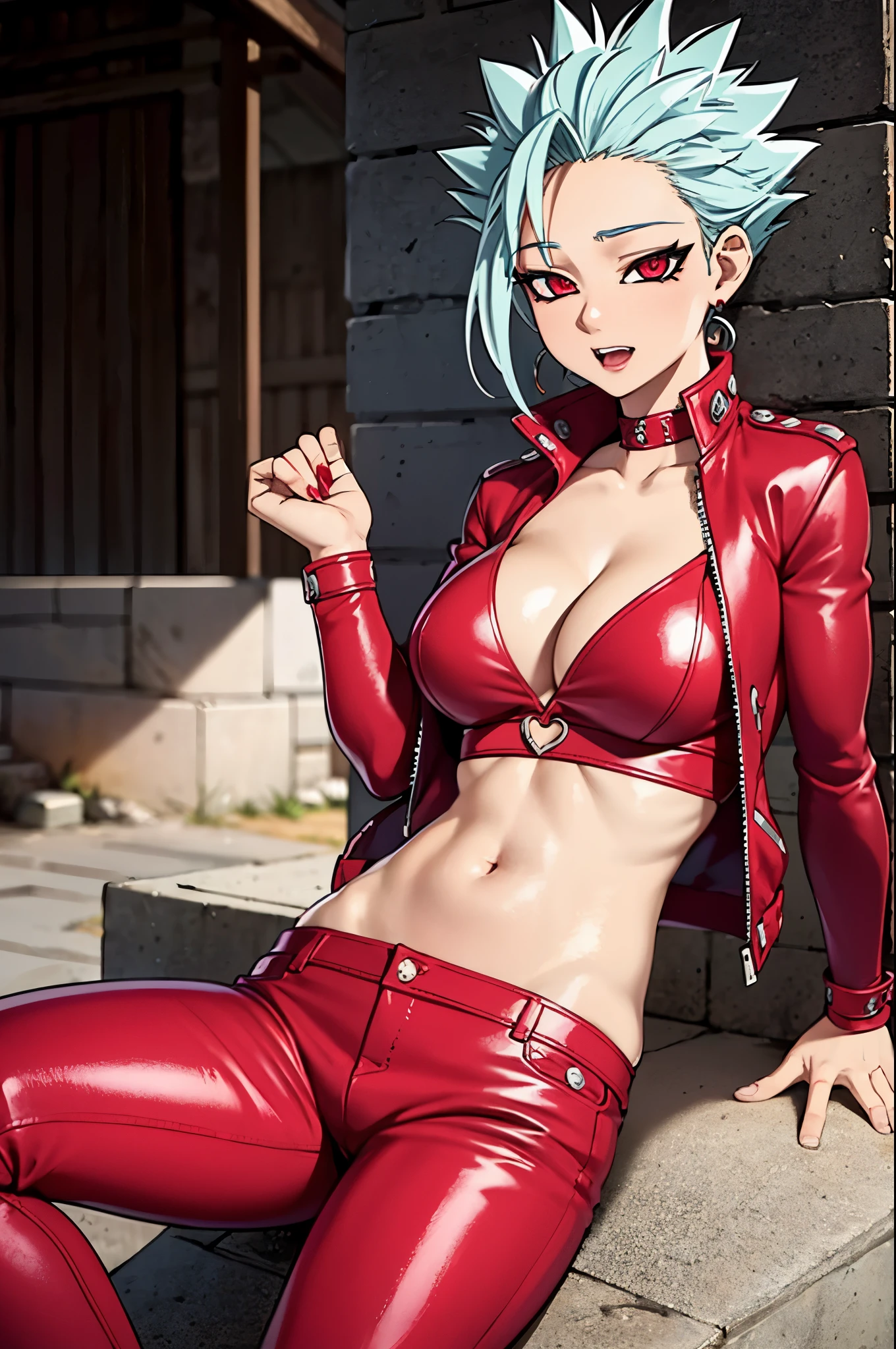 ban_nanatsu_no_taizai in female version with medium breasts wore a red leather jacket and red leather pants 